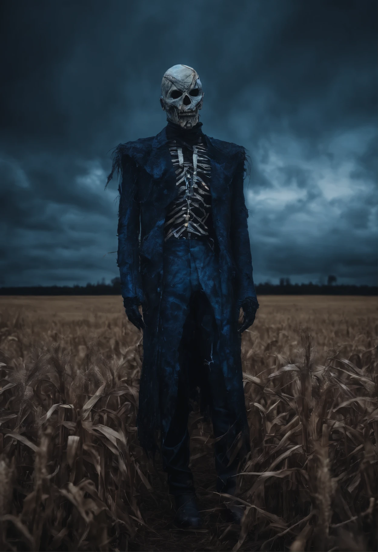 Ghoulish scarecrow in the middle of a cornfield in the distance