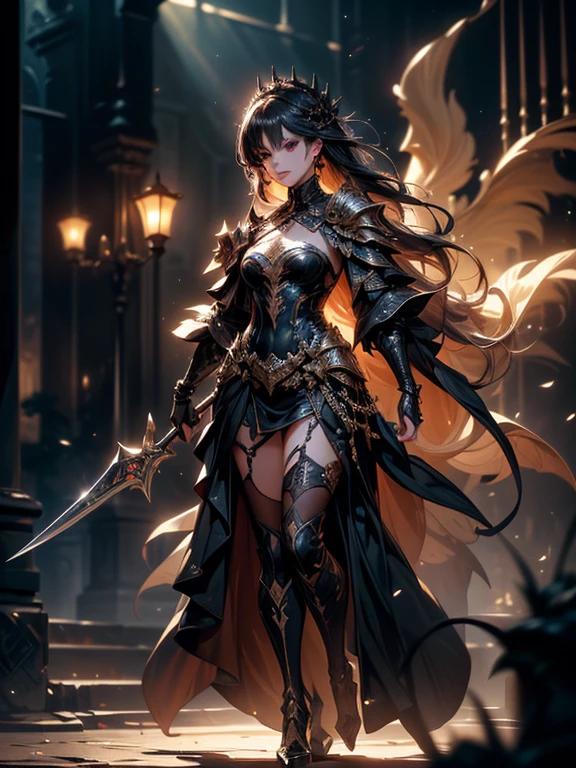 (((masterpiece, best quality, 8k)))A dark and cursed female game character,((perfect face)), wearing ornate black and gold armor, wielding a cursed blade, with dark vambraces and cursed boots, in a gloomy, atmospheric lighting,(((full body shot))), (best quality,4k,8k,highres,masterpiece:1.2),ultra-detailed,(realistic,photorealistic,photo-realistic:1.37),HDR,UHD,studio lighting,ultra-fine painting,sharp focus,physically-based rendering,extreme detail description,professional,vivid colors,bokeh,dark fantasy,concept art