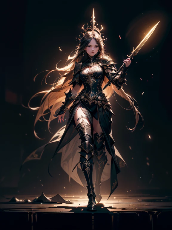 (((masterpiece, best quality, 8k)))A dark and cursed female game character,((perfect face)), wearing ornate black and gold armor, wielding a cursed blade, with dark vambraces and cursed boots, in a gloomy, atmospheric lighting,(((full body shot))), (best quality,4k,8k,highres,masterpiece:1.2),ultra-detailed,(realistic,photorealistic,photo-realistic:1.37),HDR,UHD,studio lighting,ultra-fine painting,sharp focus,physically-based rendering,extreme detail description,professional,vivid colors,bokeh,dark fantasy,concept art