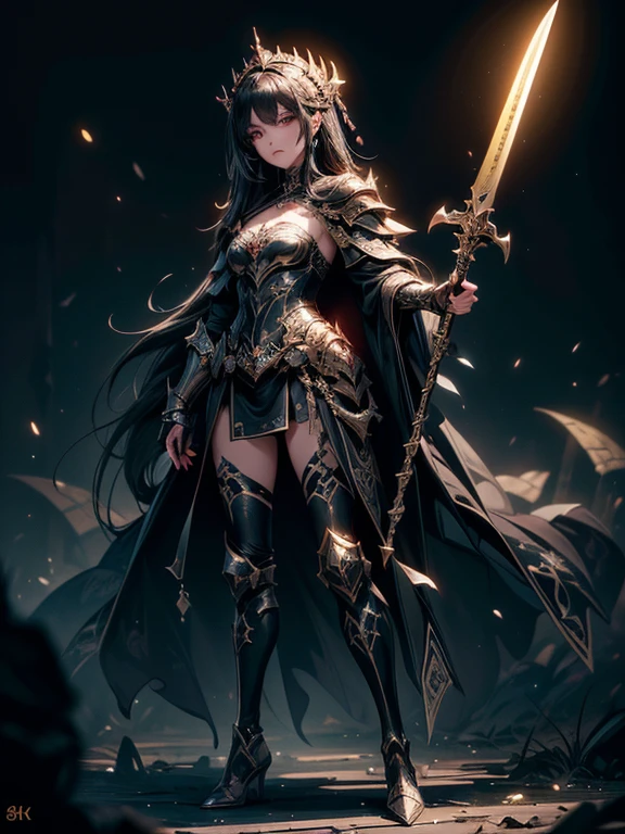(((masterpiece, best quality, 8k)))A dark and cursed female game character,((perfect face)), wearing ornate black and gold armor, wielding a cursed blade, with dark vambraces and cursed boots, in a gloomy, atmospheric lighting,(((full body shot))), (best quality,4k,8k,highres,masterpiece:1.2),ultra-detailed,(realistic,photorealistic,photo-realistic:1.37),HDR,UHD,studio lighting,ultra-fine painting,sharp focus,physically-based rendering,extreme detail description,professional,vivid colors,bokeh,dark fantasy,concept art
