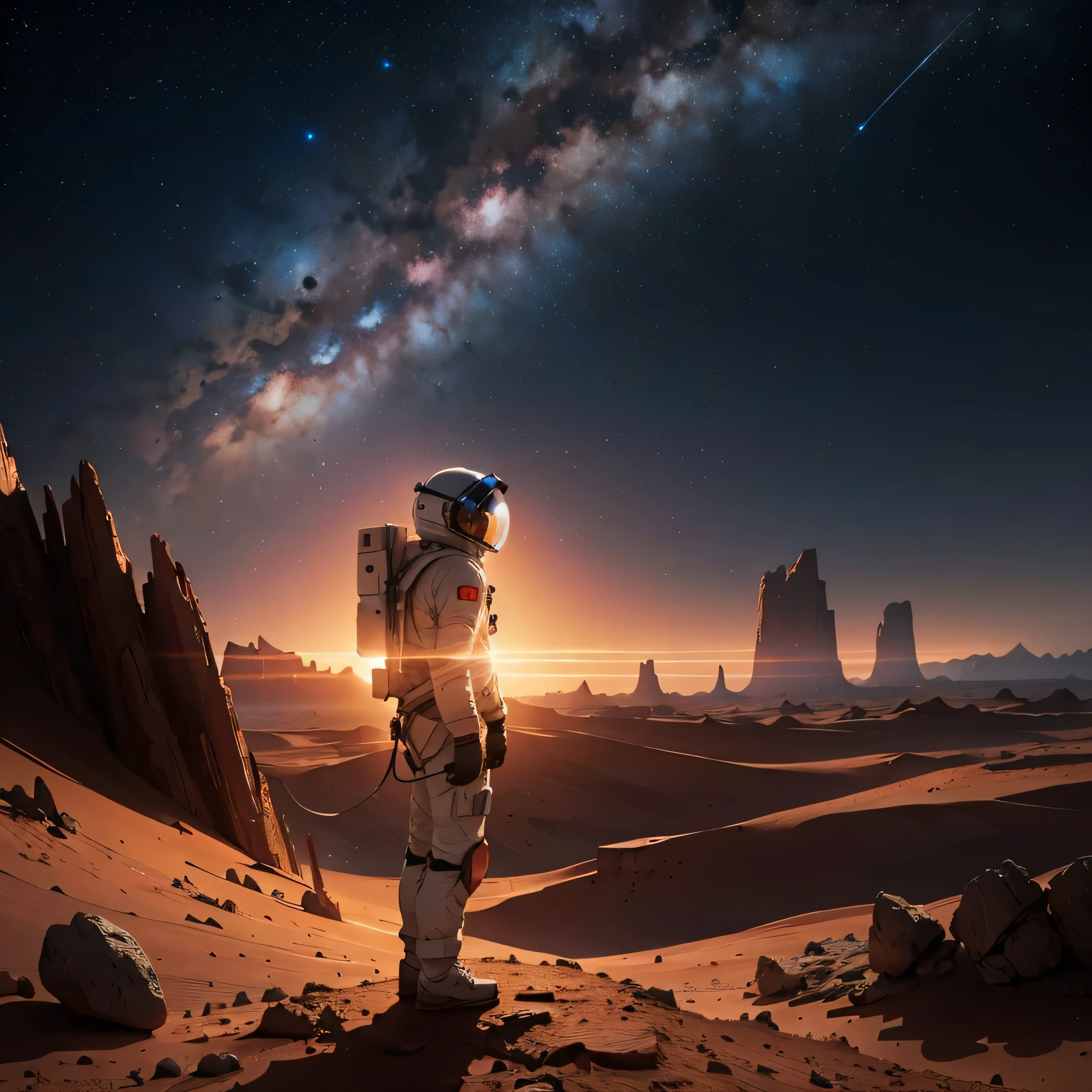 Create an illustration of an astronaut standing on the surface of Mars. The astronaut should be positioned in the foreground, standing upright and occupying approximately 1/5 of the viewer's screen. The spacesuit should be detailed, with a reflective helmet visor that subtly mirrors the surrounding Martian landscape.
The scene should be set at night, with the sky illuminated by a myriad of stars, creating a beautiful and mesmerizing celestial display. A few distant planets and the Milky Way could be visible to add to the grandeur of the night sky.
The Martian surface should feature a detailed landscape with rocky terrain, dust, and an array of stones and boulders, emphasizing the rugged environment of Mars. The background should include towering Martian mountains that add depth and scale to the scene, silhouetted against the starry sky.
Ensure the composition balances the foreground and background elements harmoniously. Pay attention to details such as shadows and highlights to give a sense of realism and depth, capturing the serene yet awe-inspiring atmosphere of a Martian night.