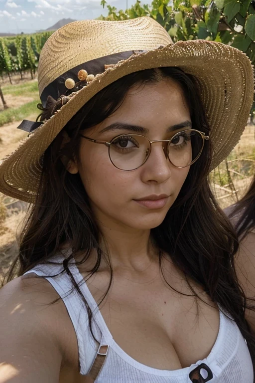 (Obra maestra, mejor calidad), 1 chica, sentada, cabello largo, lentes oscuros, sombrero de paja, polo blanco, cabello negro, rasgos latinos europeos, taking a self-portrait in a chincha vineyard
