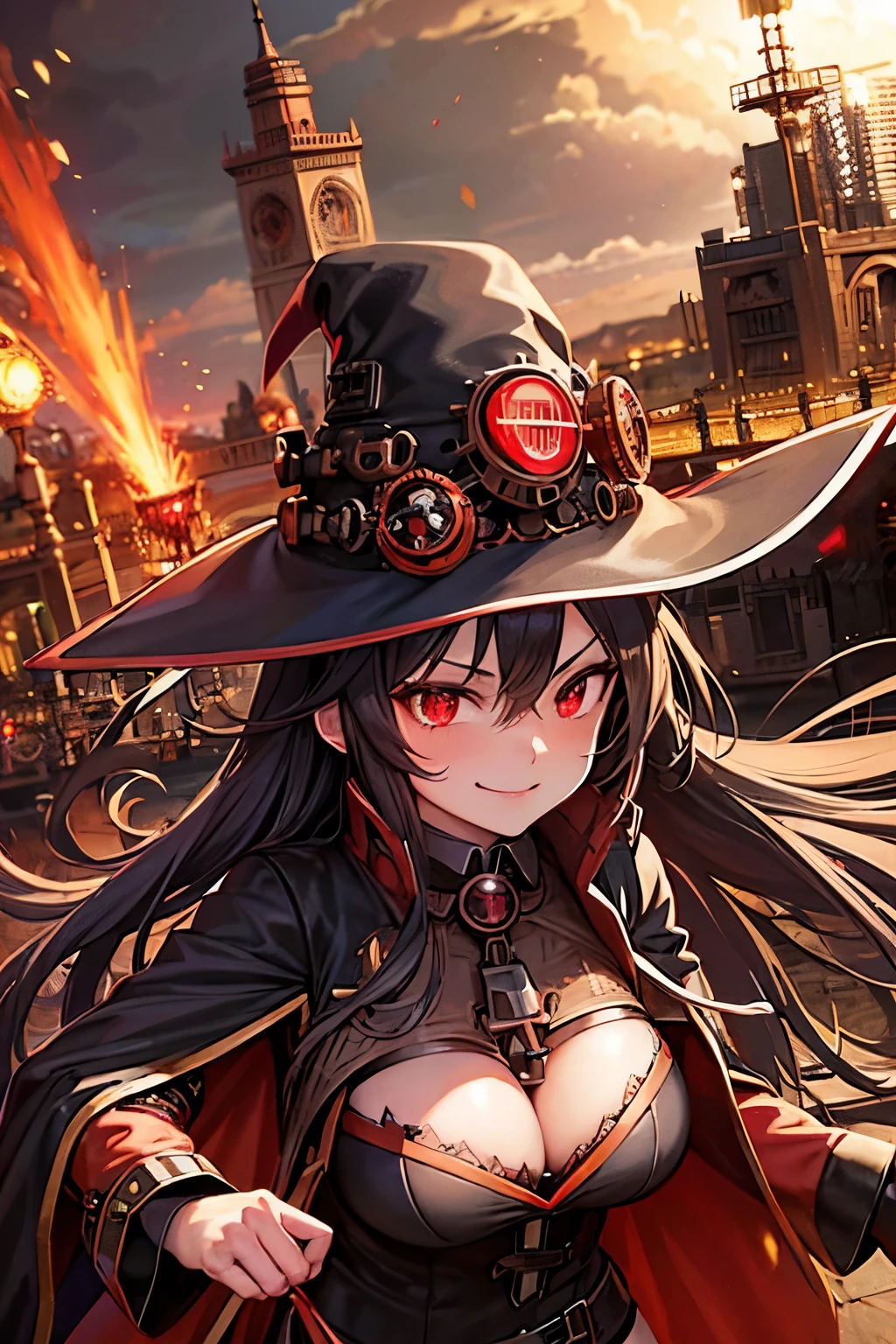 Megumin and Shalltear, red glowing eyes, smug smile, black hair with a red stribe, (steampunk:1.3)