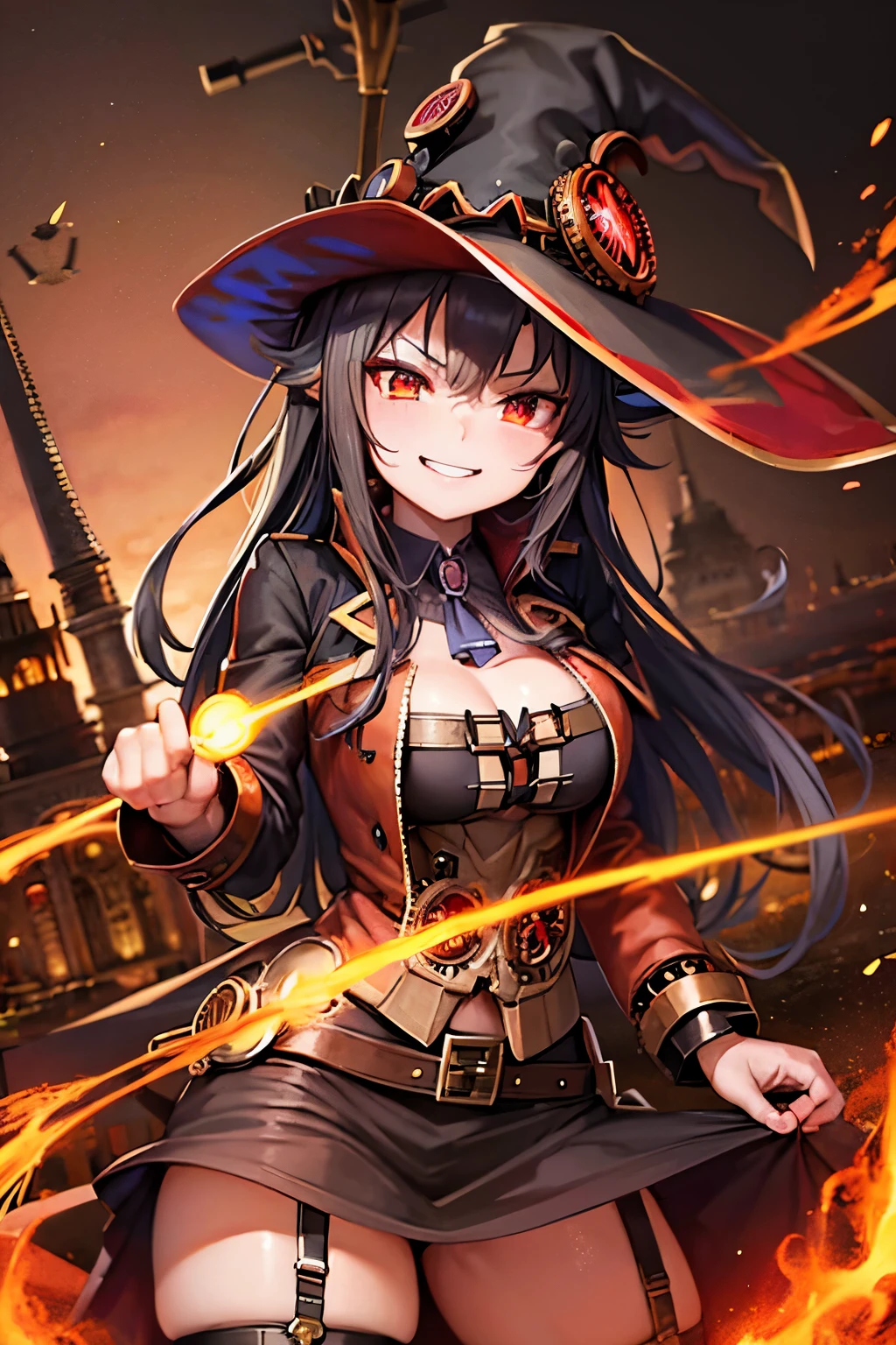 Megumin and Shalltear, red glowing eyes, smug smile, black hair with a red stribe, (steampunk:1.3)