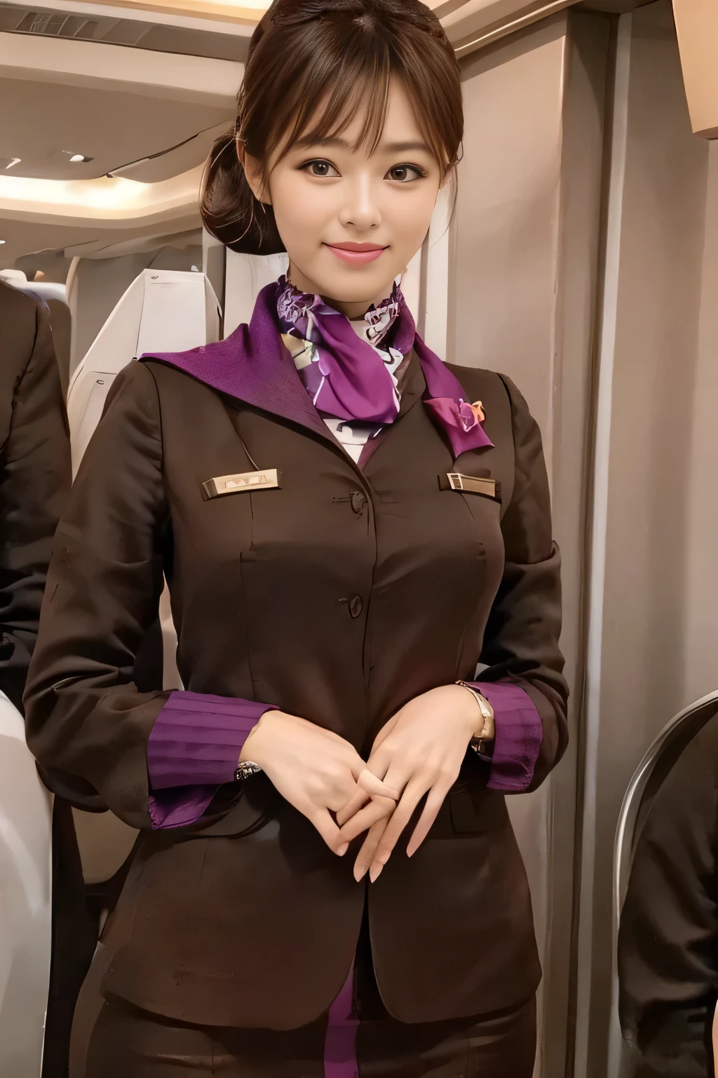 (masterpiece:1.2、highest quality:1.2)、32K HDR、High resolution、(alone、1 girl、Slim figure)、(A realistic reproduction of the ETIHAD Airways Cabincrew Uniform)、 (On board, Professional Lighting)、A proper woman, Beautiful Face,、(Long sleeve ETIHAD Airways Cabincrew Uniform)、(ETIHAD Airways Cabincrew Uniform skirt with purple stripe on the front)、(scarf on chest)、Big Breasts、(Long Hair Up、Hair Bun)、Dark brown hair、Long Shot、((Great hands:2.0))、((Harmonious body proportions:1.5))、((Normal limbs:2.0))、((Normal finger:2.0))、((Delicate eyes:2.0))、((Normal eyes:2.0)))、Beautiful standing posture、smile、Place your hands around your stomach