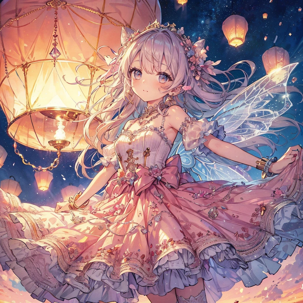 (An exquisite and beautiful highly detailed masterpiece, High quality and high resolution),(A cute and delicate illustration of a beautiful girl in pastel colors with a neat and clear face drawn with thin lines),A fairy happily flying in the sky against the background of sky lanterns flying beautifully into the sky on a sparkling starry night,A fairy with beautiful fairy wings growing from her back, wearing a frilly dress with an open neckline and knee-high socks decorated with lace, frills and ribbons, and a corset.,She is wearing a tiara, necklace, earrings and bracelet.,(A fair-skinned, short eyebrowed fairy with pale pink cheeks, a small toothless mouth with plump pink lips, beautiful eyes, and a fairly large, fluffy bust.),Lanterns fly up into the sky and the moon, stars and shooting stars are visible,Watercolor illustrations with vibrant colors, striking colors, and dynamic angles,Dream Cute,