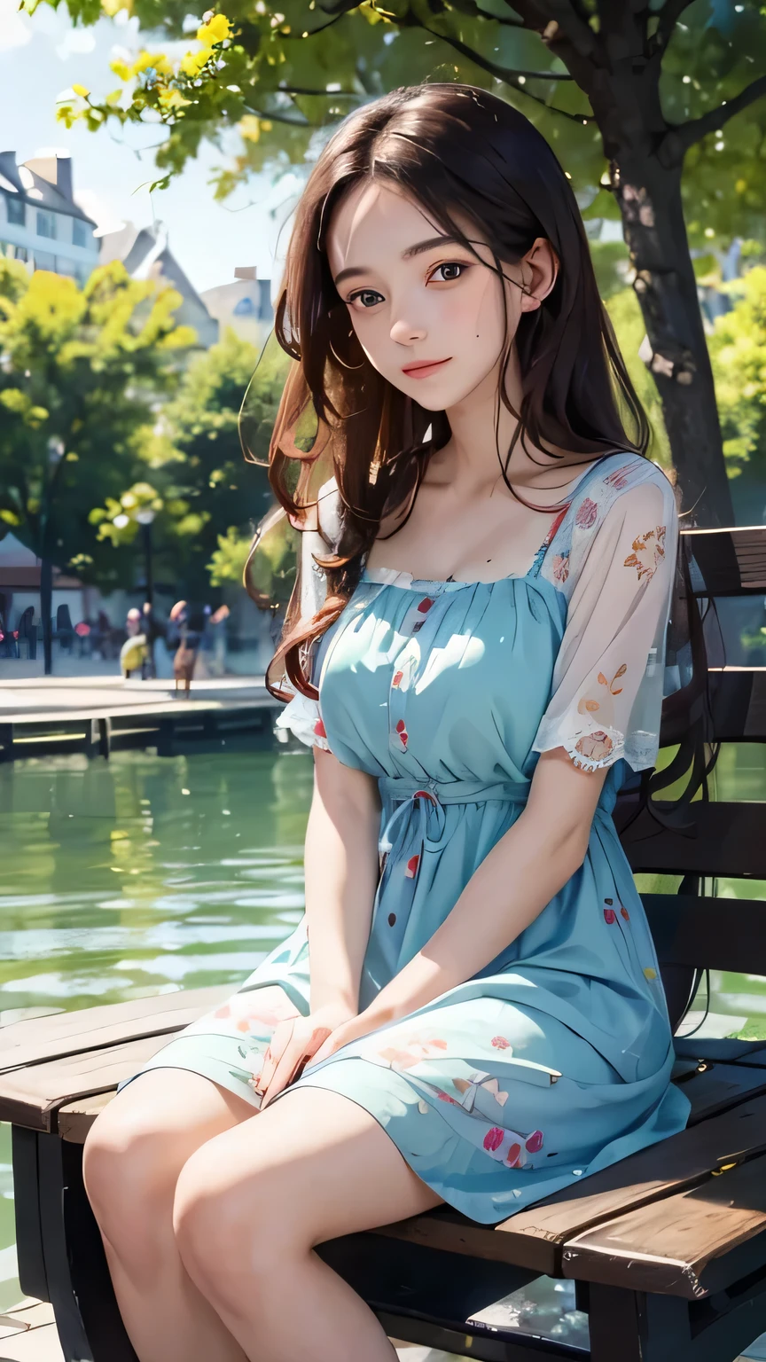 1woman, 22 years old, in a colourful sundress sits on a red bench by the water, a photorealistic painting inspired by Magali Villeneuve, Gorgeous Role Play, long curly dark hair, beautiful delicate face, sitting out in the sun in a park filled with people, nature background