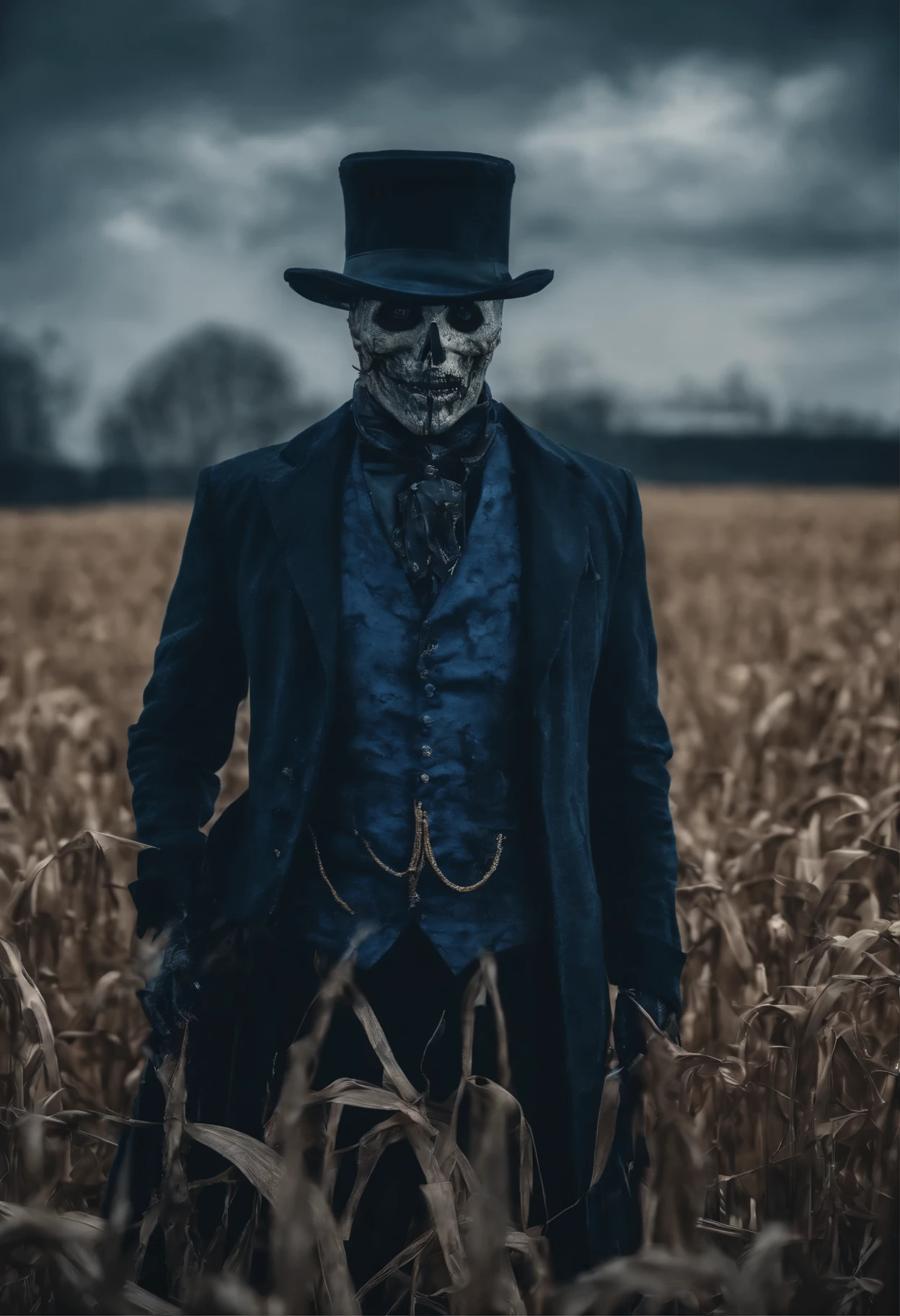 (extremely detailed 8k wallpaper), a medium shot photo of a faceless scary scarecrow dressed as a gentleman well illustrated blue scarecrow, glowing intricate, high detail, dramatic, dry corn field in the background