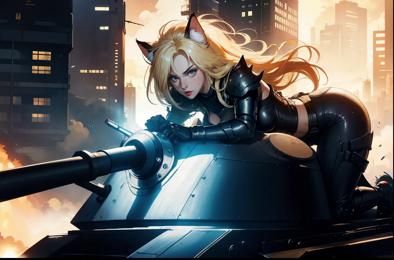 ((highest quality)), ((masterpiece)), (be familiar with), (High definition), 8K, perfect face、2 women、Two blonde women with cat ears、((Riding on the tank:1.2))、((Astride the turret))、tall、2 Blonde cat ears、2. Long Hair、2. Volumetric hair style、sweating、big breasts、constricted waist、big ass、glamorous、Glamorous、protector、Armor、combat suit、combat boots、armed、Equipped with large firearms、cinematic、best shadow、side lighting、NEO TOKYO、riot、explosion、tank、helicopter、(close up of face)