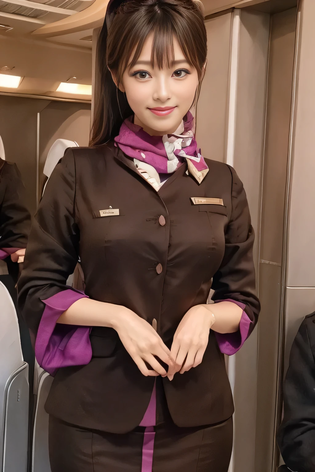 (masterpiece:1.2、highest quality:1.2)、32K HDR、High resolution、(alone、1 girl、Slim figure)、(A realistic reproduction of the ETIHAD Airways Cabincrew Uniform)、 (On board, Professional Lighting)、A proper woman, Beautiful Face,、(Long sleeve ETIHAD Airways Cabincrew Uniform)、(ETIHAD Airways Cabincrew Uniform skirt with purple stripe on the front)、(scarf on chest)、Big Breasts、(Long Hair Up、Hair Bun)、Dark brown hair、Long Shot、((Great hands:2.0))、((Harmonious body proportions:1.5))、((Normal limbs:2.0))、((Normal finger:2.0))、((Delicate eyes:2.0))、((Normal eyes:2.0)))、Beautiful standing posture、smile、Place your hands around your stomach