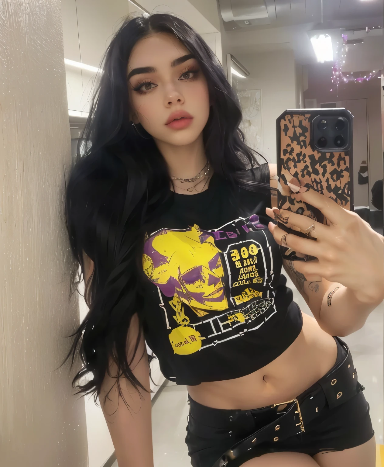 araffed woman taking a selfie in a mirror with a cell phone, soft devil queen madison beer, ava max, 18 years old, hot topic, 1 6 years old, instagram model, she is wearing a black tank top, profile pic, goth girl aesthetic, 21 years old, with ripped crop t - shirt, 2 2 years old, sexy look