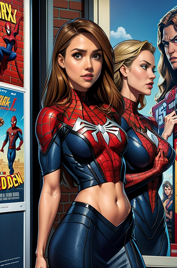 Jessica Alba、マーベルコミックの映画Poster、so beautiful、Movies about Spider-Man、sexy、whole body、Wearing a skirt、Premiere Date、Poster、belly buttonを突き出す、new york、She&#39;s wearing a ripped Spiderman suit、The suit is torn、Wearing a skirt、Red and black color scheme、dynamic、masterpiece、highest quality、Super detailed、Very detailed、Delicate and beautiful shine、Ultra-high resolution、Cinematic、break、breakドロップ、(Torn clothes:1.5)、(Wet clothes:1.4)、Bare shoulders、Real Rain、Wet Hair、belly button、Exposed Skin、sexyな肩を披露
