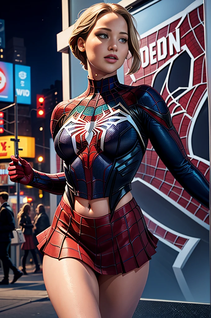 Jennifer Lawrence、マーベルコミックの映画Poster、so beautiful、Movies about Spider-Man、sexy、whole body、Wearing a skirt、Premiere Date、Poster、belly buttonを突き出す、new york、She&#39;s wearing a ripped Spiderman suit、The suit is torn、Wearing a skirt、Red and black color scheme、dynamic、masterpiece、highest quality、Super detailed、Very detailed、Delicate and beautiful shine、Ultra-high resolution、Cinematic、break、breakドロップ、(Torn clothes:1.5)、(Wet clothes:1.4)、Bare shoulders、Real Rain、Wet Hair、belly button、Exposed Skin、sexyな肩を披露