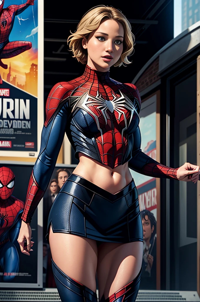 Jennifer Lawrence、マーベルコミックの映画Poster、so beautiful、Movies about Spider-Man、sexy、whole body、Wearing a skirt、Premiere Date、Poster、belly buttonを突き出す、new york、She's wearing a ripped Spiderman suit、The suit is torn、Wearing a skirt、Red and black color scheme、dynamic、masterpiece、highest quality、Super detailed、Very detailed、Delicate and beautiful shine、Ultra-high resolution、Cinematic、break、breakドロップ、(Torn clothes:1.5)、(Wet clothes:1.4)、Bare shoulders、Real Rain、Wet Hair、belly button、Exposed Skin、sexyな肩を披露