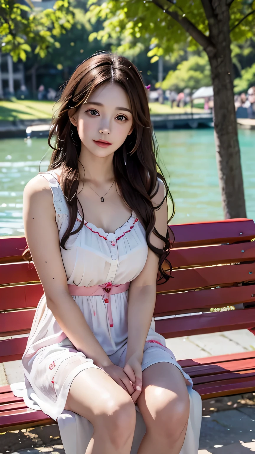 1woman, 22 years old, in a colourful sundress sits on a red bench by the water, a photorealistic painting inspired by Magali Villeneuve, Gorgeous Role Play, long curly dark hair, beautiful delicate face, sitting out in the sun in a park filled with people, nature background