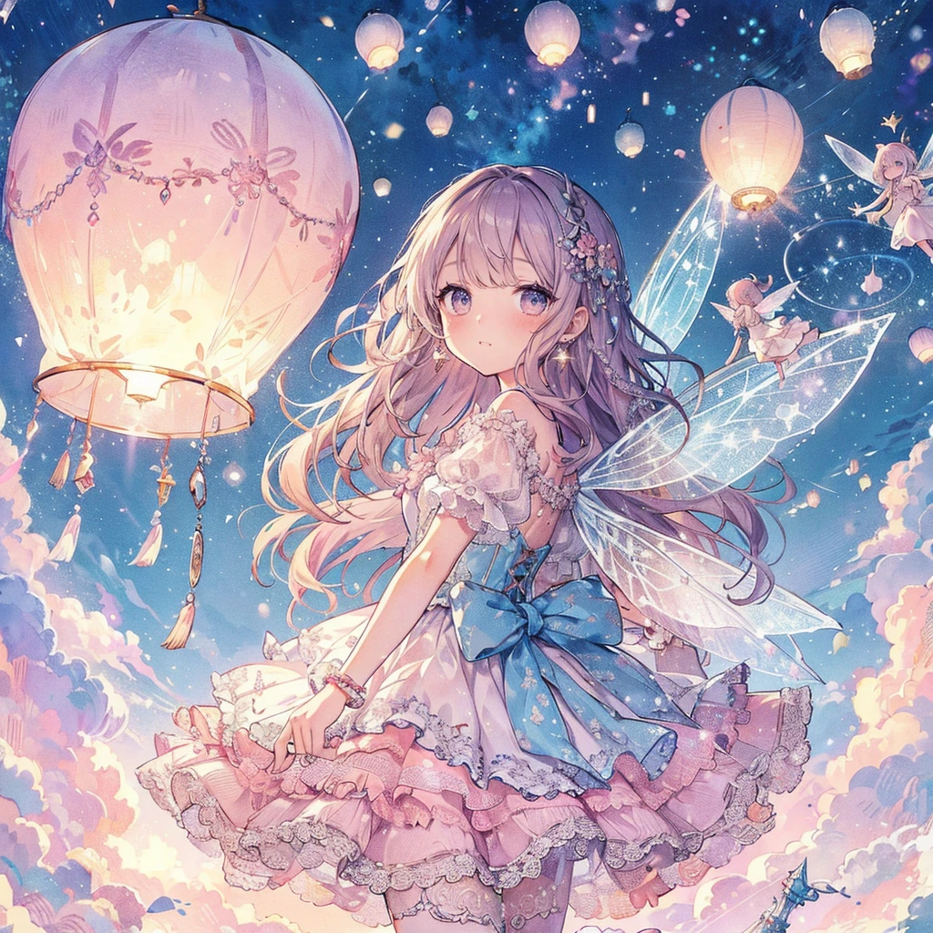 (An exquisite and beautiful highly detailed masterpiece, High quality and high resolution),(A cute and delicate illustration of a beautiful girl in pastel colors with a neat and clear face drawn with thin lines),A fairy happily flying in the sky against the background of sky lanterns flying beautifully into the sky on a sparkling starry night,A fairy with beautiful fairy wings growing from her back, wearing a frilly dress with an open neckline and knee-high socks decorated with lace, frills and ribbons, and a corset.,She is wearing a tiara, necklace, earrings and bracelet.,(A fair-skinned, short eyebrowed fairy with pale pink cheeks, a small toothless mouth with plump pink lips, beautiful eyes, and a fairly large, fluffy bust.),Lanterns fly up into the sky and the moon, stars and shooting stars are visible,Watercolor illustrations with vibrant colors, striking colors, and dynamic angles,Dream Cute,