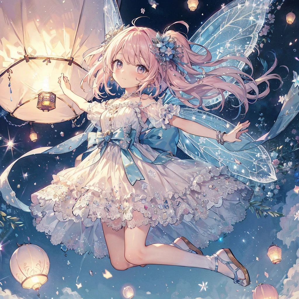 (An exquisite and beautiful highly detailed masterpiece, High quality and high resolution),(A cute and delicate illustration of a beautiful girl in pastel colors with a neat and clear face drawn with thin lines),A fairy happily flying in the sky against the background of sky lanterns flying beautifully into the sky on a sparkling starry night,A fairy with beautiful fairy wings growing from her back, wearing a frilly dress with an open neckline and knee-high socks decorated with lace, frills and ribbons, and a corset.,She is wearing a tiara, necklace, earrings and bracelet.,(A fair-skinned, short eyebrowed fairy with pale pink cheeks, a small toothless mouth with plump pink lips, beautiful eyes, and a fairly large, fluffy bust.),Lanterns fly up into the sky and the moon, stars and shooting stars are visible,Watercolor illustrations with vibrant colors, striking colors, and dynamic angles,Dream Cute,