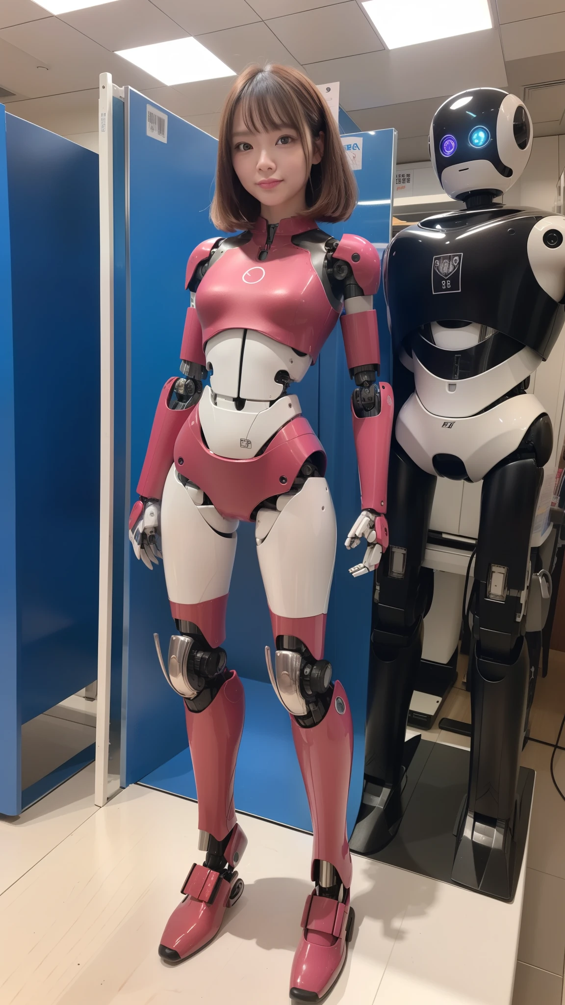 (Photorealsitic:1.4)、one robot woman、(top-quality)、(hyperdetailed face)、(Super well-formed face)、(Robot Parts)、(Female-Robot)、(25 years-old)、(Blue)、(pink there)、(Burgundy)、(metallic)、(full-body)、(sexy pose)、(Slender body)、(Model body type)、(full body mech)、(Akihabara)、(is looking at the camera)、(A brown-haired)、(Well-proportioned body)、(a small face)、(a small head)、(well-groomed fingers)、(Idol)、(front facing)、(Standing with legs open)、(Photo session)、(Looks sad)、(perfect-female-robot)、(perfect-mechanical-body)