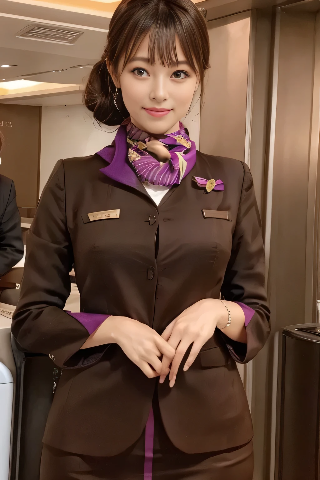 (masterpiece:1.2、highest quality:1.2)、32K HDR、High resolution、(alone、1 girl、Slim figure)、(A realistic reproduction of the ETIHAD Airways Cabincrew Uniform)、 (At the airport counter, Professional Lighting)、Airport counter wall background、A proper woman, Beautiful Face,、(Long sleeve ETIHAD Airways Cabincrew Uniform)、(ETIHAD Airways Cabincrew Uniform skirt with purple stripe on the front)、(scarf on chest)、Big Breasts、(Long Hair Up、Hair Bun)、Dark brown hair、Long Shot、((Great hands:2.0))、((Harmonious body proportions:1.5))、((Normal limbs:2.0))、((Normal finger:2.0))、((Delicate eyes:2.0))、((Normal eyes:2.0)))、Beautiful standing posture、smile、Place your hands around your stomach