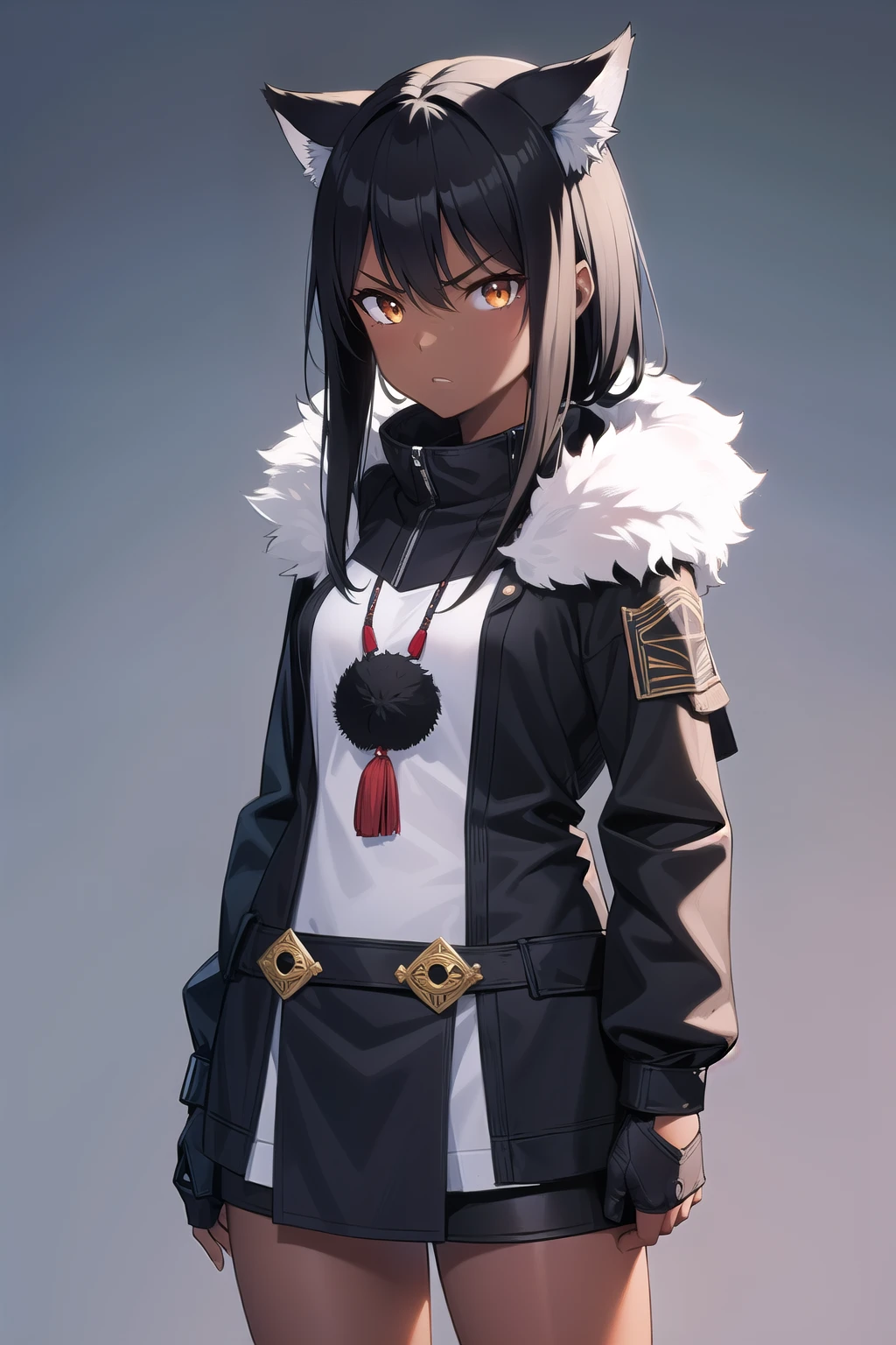 ultra detailed, masterpiece, girl, black hair, dark skin, wolf skin clothes, eskimo style, tribal warrior, native, angry. Standing front. 