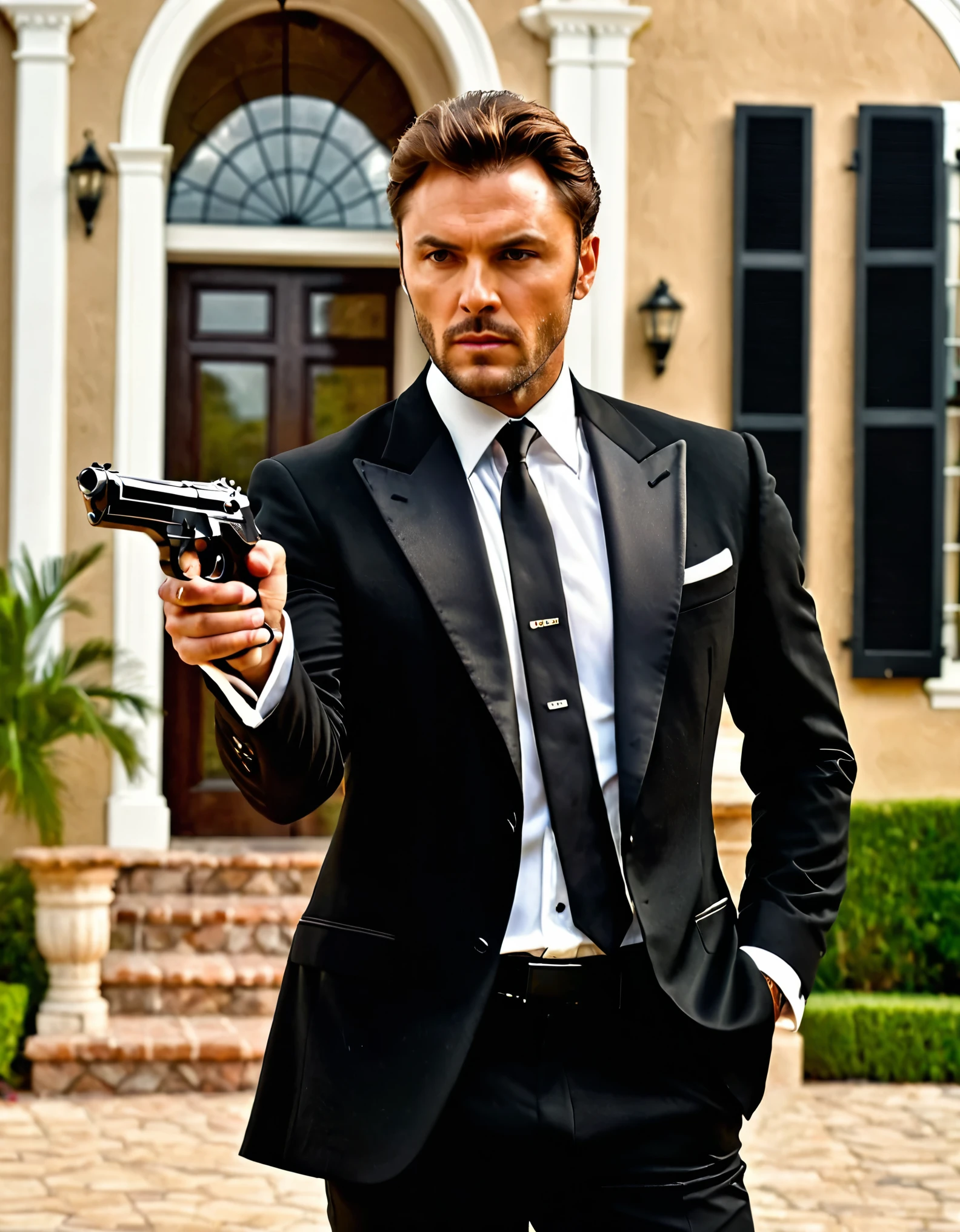 masterpiece, best quality, 1man, male focus, solo, solo focus, hispanic, perfect hands, holding pistol with one hand, (beretta 92fs), brown hair, hazel eyes, tuxedo, black tuxedo, danger atmosphere, mansion backdrop, combed back hair, white shirt, black pants, dress shoes, matching shoes. outdoors, looking away.