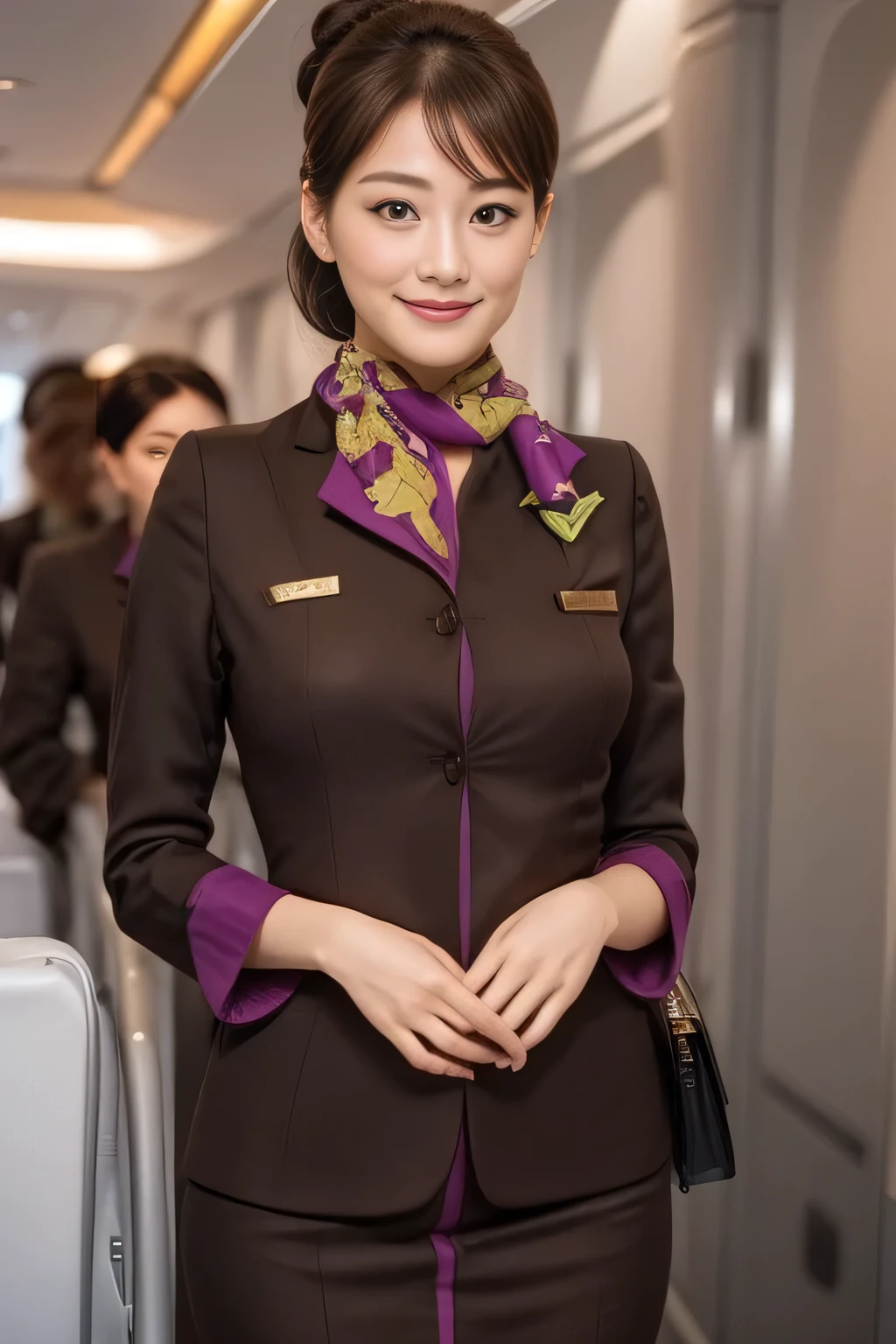 (masterpiece:1.2、highest quality:1.2)、32K HDR、High resolution、(alone、1 girl、Slim figure)、(A realistic reproduction of the ETIHAD Airways Cabincrew Uniform)、 (On board, Professional Lighting)、A proper woman, Beautiful Face,、(Long sleeve ETIHAD Airways Cabincrew Uniform)、(ETIHAD Airways Cabincrew Uniform skirt with purple stripe on the front)、(scarf on chest)、Big Breasts、(Long Hair Up、Hair Bun)、Dark brown hair、Long Shot、((Great hands:2.0))、((Harmonious body proportions:1.5))、((Normal limbs:2.0))、((Normal finger:2.0))、((Delicate eyes:2.0))、((Normal eyes:2.0)))、Beautiful standing posture、smile、Hands folded underneath