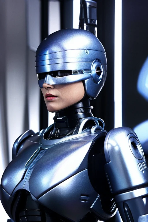 ((best quality)), ((masterpiece)), (detailed), female Robot is Japanese Woman,50 years old,blue eye,Mechanical ear,silver metallic Robot body,like a Robocop ,Grammer Body,No Expression,Big Chest,Sexy female Robot,Perfect Robot Woman,Sex Android,Sex Robot