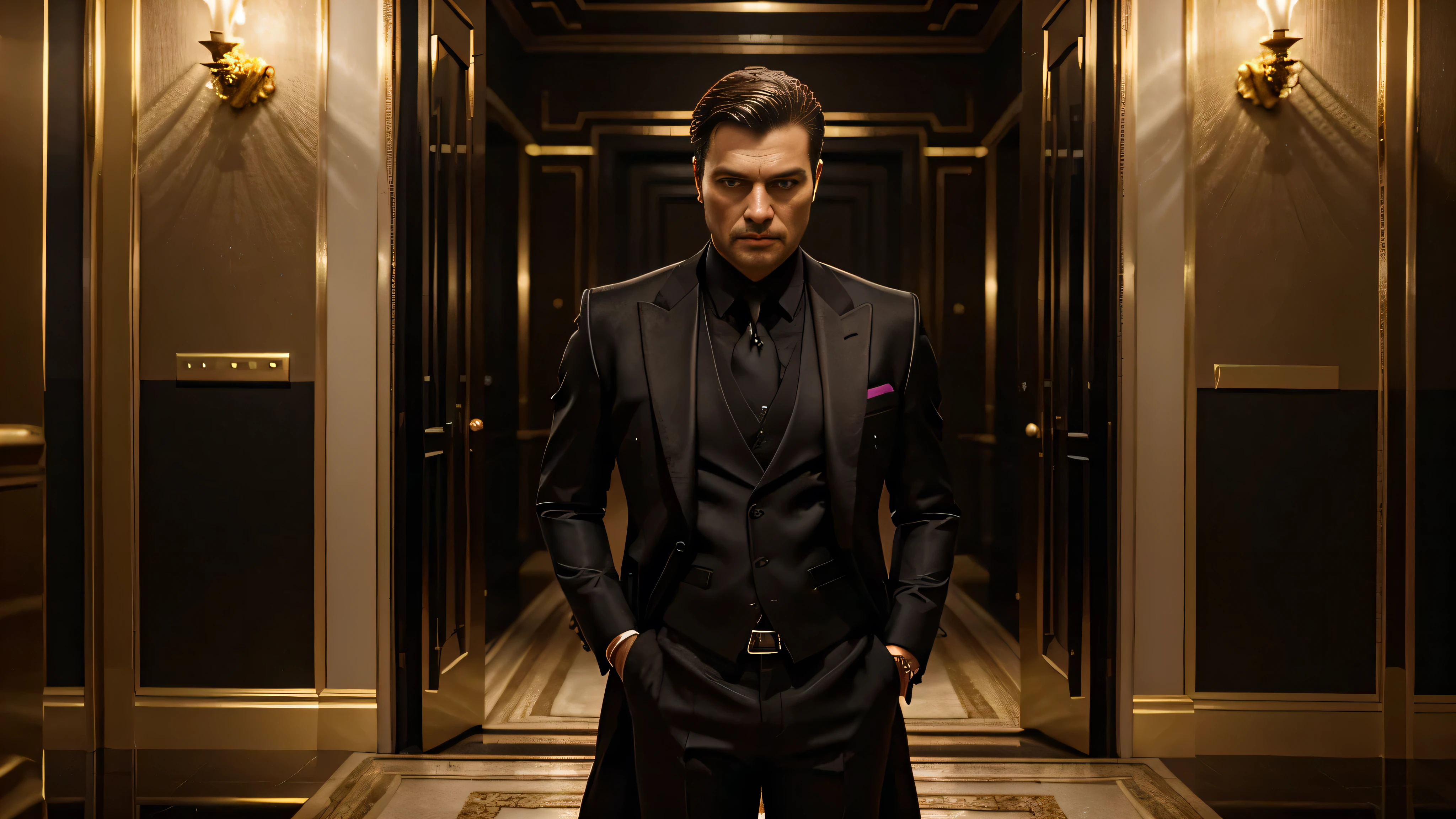 a millionaire man wearing a black suit, room full of gold and ruby bars, ultra realistic image, high level of detail, 8k, hyper realism, vivid and intense colors.