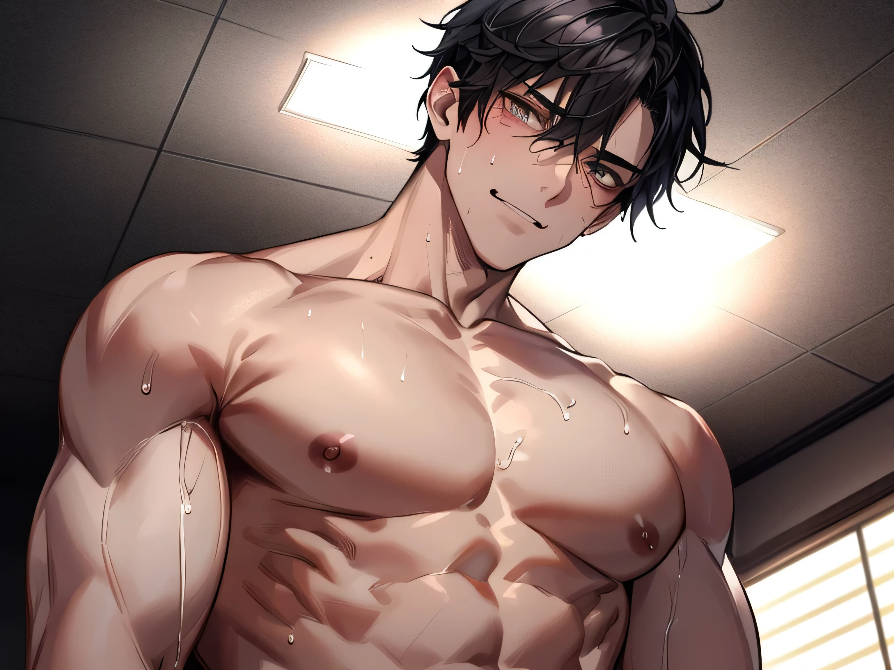 Angle from below, male, 30 years old, male1 person, Adult, A sadistic atmosphere, Black Hair, Sharp Eye, Lewd Eyes, Take off your shirt look, Face close-up, sweating, smile, Background: dark sex room, intimate lighting, imminent sex, muscular, athletic build, bara, lewd, horny look, sleeveless, one arm reaching to viewer, dark lighting, black thong, very sweaty, wet body, strong muscular back, strong muscular chest, contrasting light, dark room, tears, tear drops, condensation on skin, many droplets on skin, sweaty abs, sweaty chest, angle looking up at ceiling, square ceiling light, dark background, torn white undershirt, ripped white undershirt with skin showing, holes in undershirt, man looking straight below, evil look, sweat stains on white undershirt, dark stains on undershirt, opaque undershirt