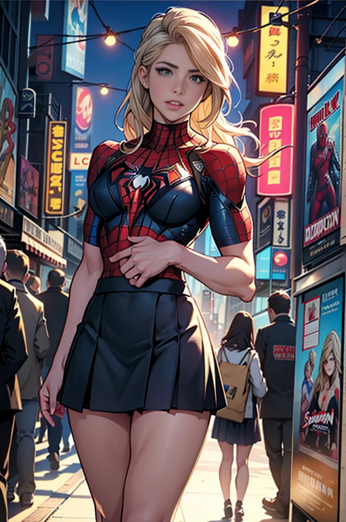 Emily Bett Rickards、マーベルコミックの映画Poster、so beautiful、Movies about Spider-Man、sexy、whole body、Wearing a skirt、Premiere Date、Poster、belly buttonを突き出す、new york、She&#39;s wearing a ripped Spiderman suit、The suit is torn、Wearing a skirt、Red and black color scheme、dynamic、masterpiece、highest quality、Super detailed、Very detailed、Delicate and beautiful shine、Ultra-high resolution、Cinematic、break、breakドロップ、(Torn clothes:1.5)、(Wet clothes:1.4)、Bare shoulders、Real Rain、Wet Hair、belly button、Exposed Skin、sexyな肩を披露