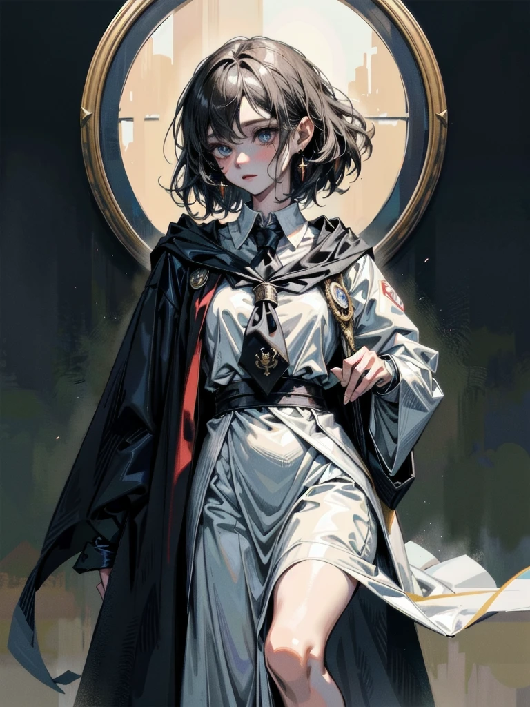 whole body, anime character, hogwarts teacher, necktie, cloak, absurdres, RAW photo, extremely delicate and beautiful, masterpiece, Best Quality, ultra high resolution, 32k, hyperrealistic, ultra-detailed, perfect figure, perfect shape, detailed description, pale skin, 20 years old, detailed beautiful face and eyes, tearful mole, earring, short medium hair, wavy hair, black hair,