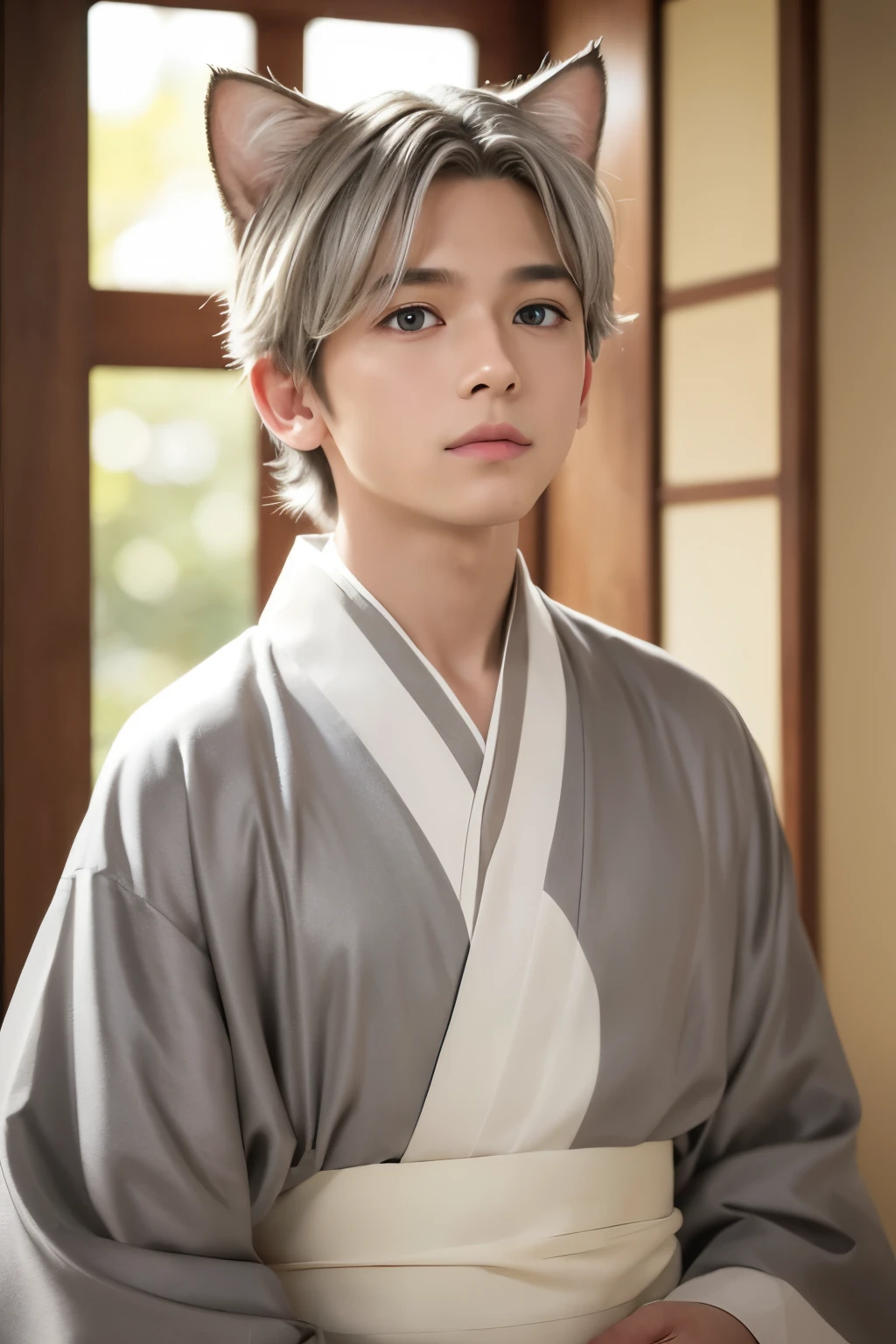 4K, 8k, masterpiece, highest quality, Upper Body, One boy, Gray Hair, Medium Hair, Golden Eyes,front,Looking at this, White kimono, indoor, bright, The actor is 9 years old,The white cat next door,ears are white,Beautiful boy,Handsome,Animated,god々Shii,Sparkling,cool,cute,Decent face,shine