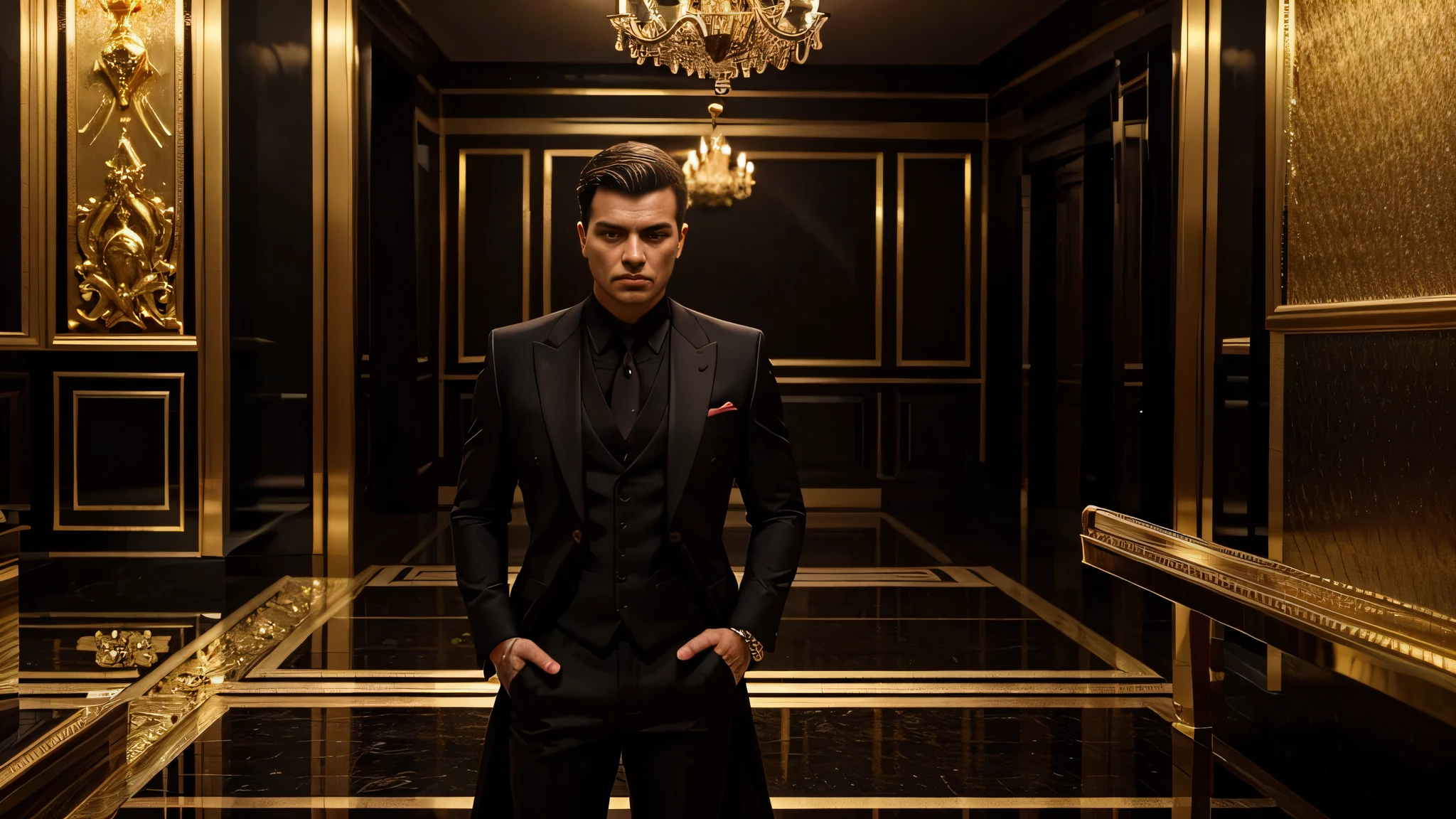 a millionaire man wearing a black suit, room full of gold and ruby bars, ultra realistic image, high level of detail, 8k, hyper realism, vivid and intense colors.