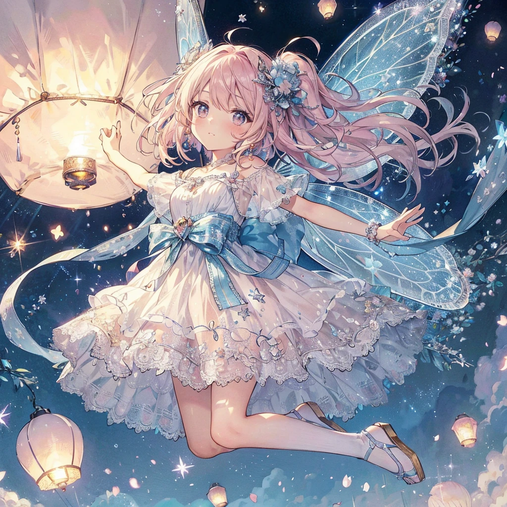 (An exquisite and beautiful highly detailed masterpiece, High quality and high resolution),(A cute and delicate illustration of a beautiful girl in pastel colors with a neat and clear face drawn with thin lines),A fairy happily flying in the sky against the background of sky lanterns flying beautifully into the sky on a sparkling starry night,A fairy with beautiful fairy wings growing from her back, wearing a frilly dress with an open neckline and knee-high socks decorated with lace, frills and ribbons, and a corset.,She is wearing a tiara, necklace, earrings and bracelet.,(A fair-skinned, short eyebrowed fairy with pale pink cheeks, a small toothless mouth with plump pink lips, beautiful eyes, and a fairly large, fluffy bust.),Lanterns fly up into the sky and the moon, stars and shooting stars are visible,Watercolor illustrations with vibrant colors, striking colors, and dynamic angles,Dream Cute,