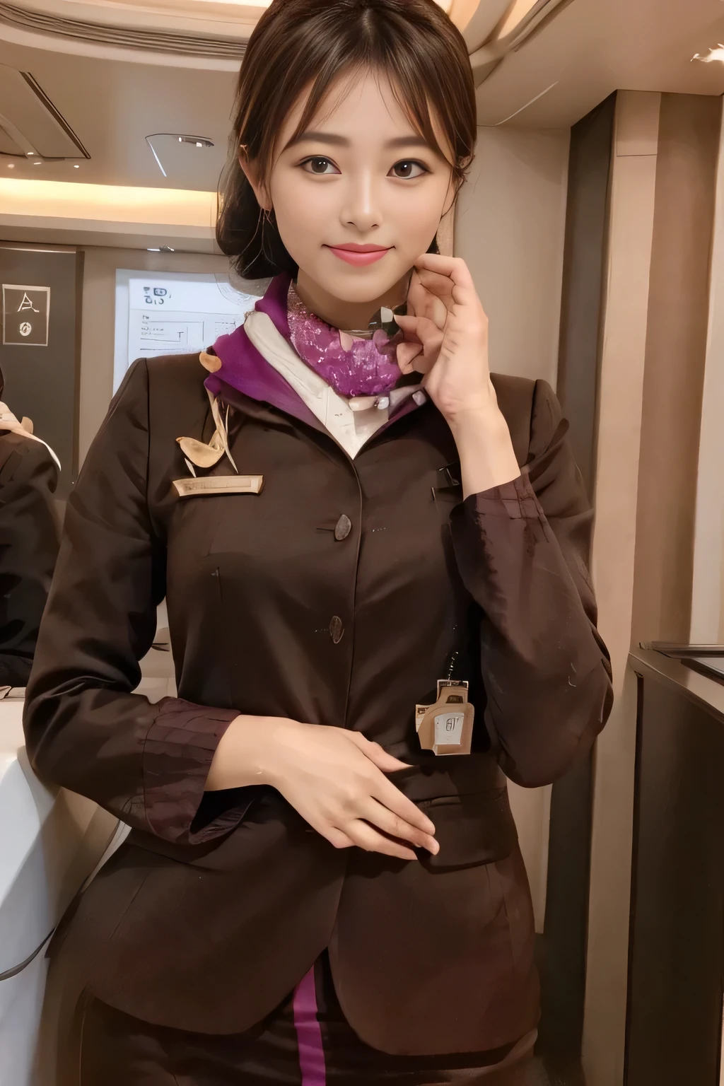 (masterpiece:1.2、highest quality:1.2)、32K HDR、High resolution、(alone、1 girl、Slim figure)、（A realistic reproduction of the ETIHAD Airways Cabincrew Uniform）、 (At the airport counter, Professional Lighting)、Airport counter wall background、A proper woman, Beautiful Face,、（Long sleeve ETIHAD Airways Cabincrew Uniform）、（ETIHAD Airways Cabincrew Uniform skirt with purple stripe on the front）、（scarf on chest）、Big Breasts、（Long Hair Up、Hair Bun）、Dark brown hair、Long Shot、（（Great hands：2.0））、（（Harmonious body proportions：1.5））、（（Normal limbs：2.0））、（（Normal finger：2.0））、（（Delicate eyes：2.0））、（（Normal eyes：2.0））)、Beautiful standing posture、smile、Place your hands around your stomach