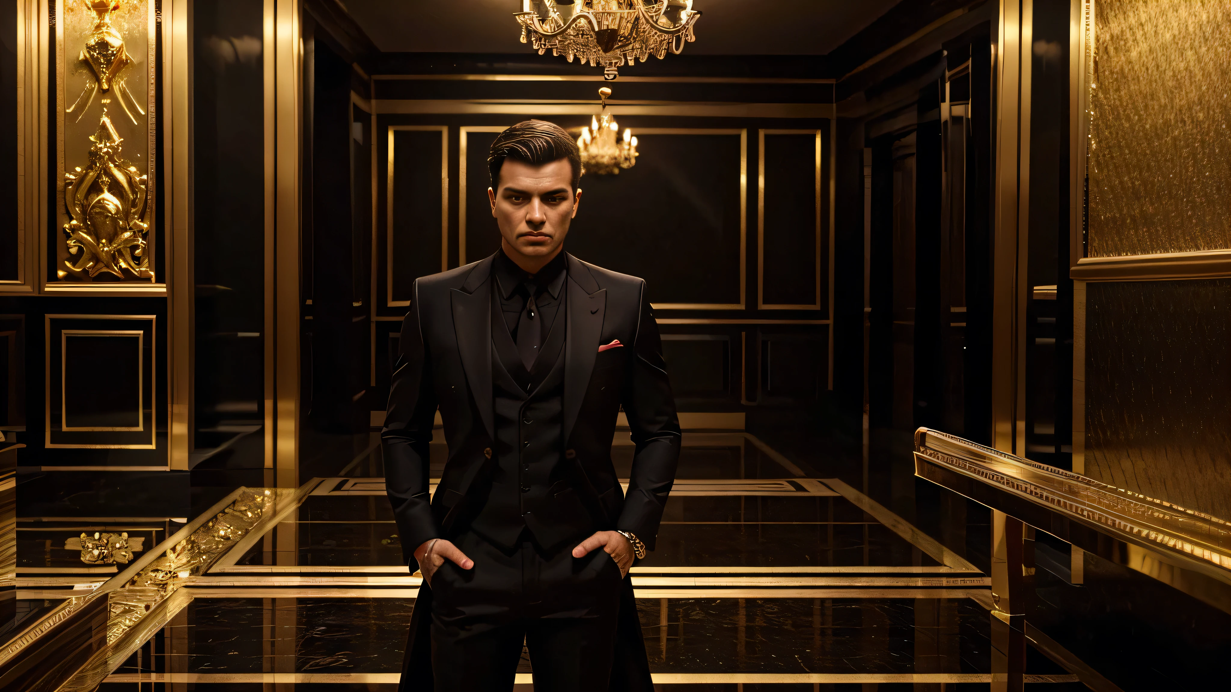a millionaire man wearing a black suit, room full of gold and ruby bars, ultra realistic image, high level of detail, 8k, hyper realism, vivid and intense colors.