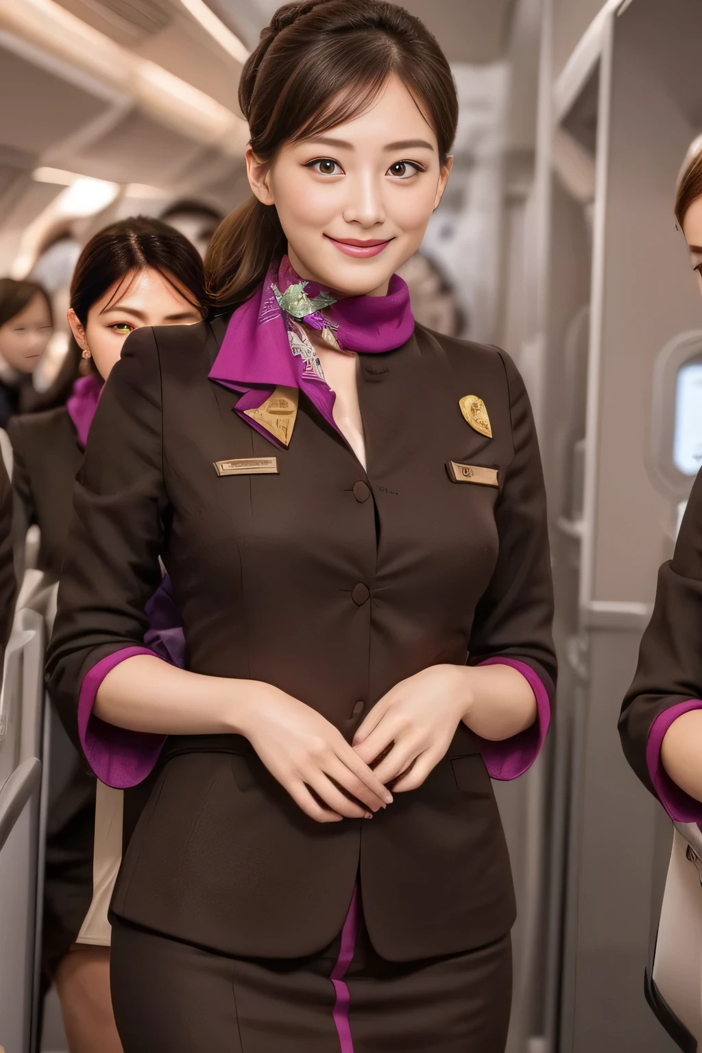 (masterpiece:1.2、highest quality:1.2)、32K HDR、High resolution、(alone、1 girl、Slim figure)、(A realistic reproduction of the ETIHAD Airways Cabincrew Uniform)、 (On board, Professional Lighting)、A proper woman, Beautiful Face,、(Long sleeve ETIHAD Airways Cabincrew Uniform)、(ETIHAD Airways Cabincrew Uniform skirt with purple stripe on the front)、(scarf on chest)、Big Breasts、(Long Hair Up、Hair Bun)、Dark brown hair、Long Shot、((Great hands:2.0))、((Harmonious body proportions:1.5))、((Normal limbs:2.0))、((Normal finger:2.0))、((Delicate eyes:2.0))、((Normal eyes:2.0)))、Beautiful standing posture、smile、Hands folded underneath