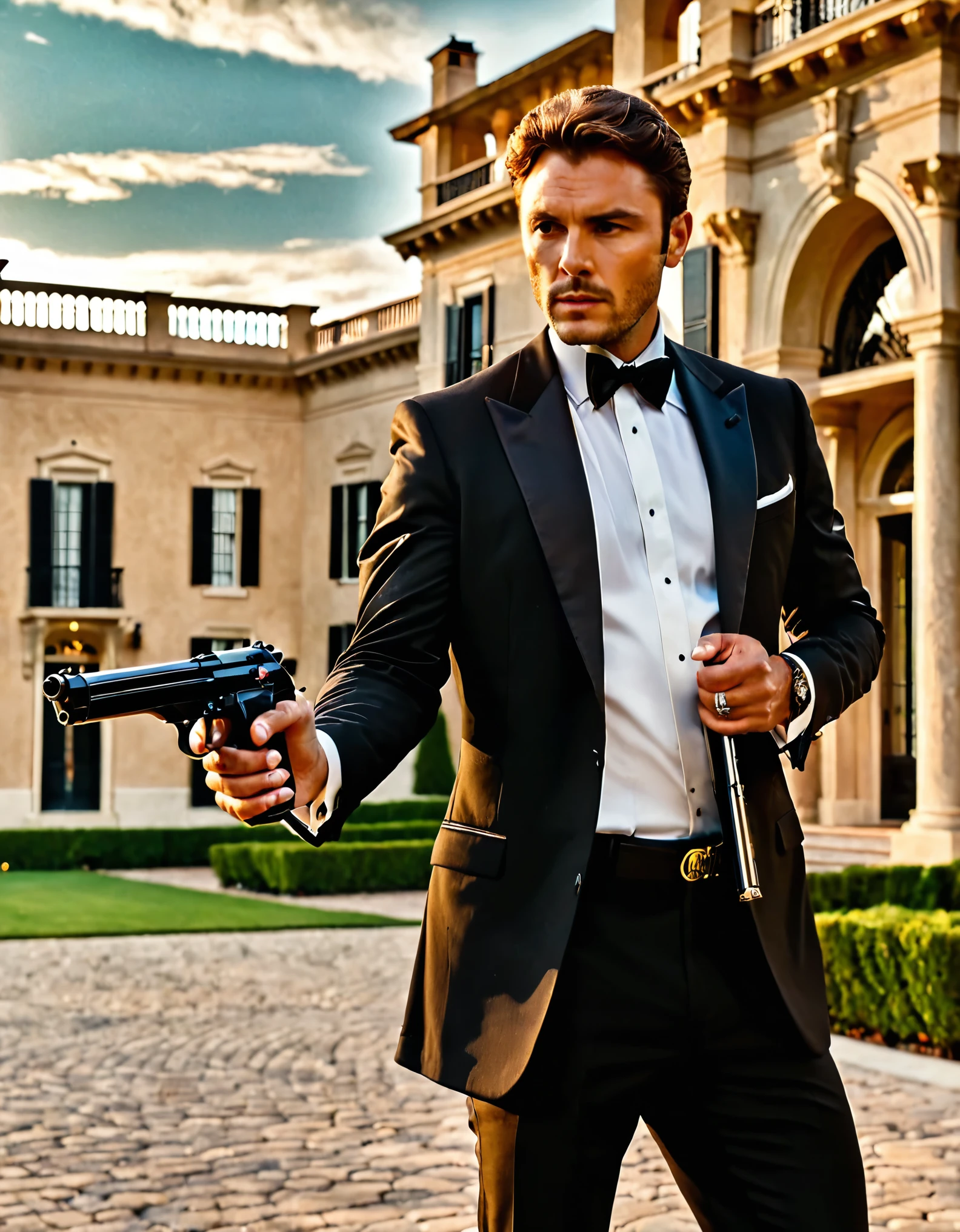 masterpiece, best quality, 1man, male focus, solo, solo focus, hispanic, perfect hands, (holding pistol with one hand, beretta 92fs), brown hair, hazel eyes, tuxedo, black tuxedo, danger atmosphere, mansion backdrop, combed back hair, white shirt, black pants, dress shoes, matching shoes. outdoors, looking away.