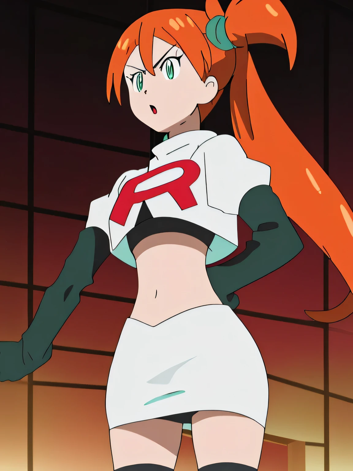 (best quality,4k,8k,highres,masterpiece:1.2),ultra-detailed,realistic,photorealistic:1.37, vibrant colors, studio lighting, bokeh, portrait,team rocket, team rocket uniform, red letter R,white skirt, white crop top, black thigh-high boots, black elbow gloves,zettai ryouiki glaring angrily,anime style, vivid colors, sharp focus, intense lighting,1girl, solo ,sonia, side ponytail,orange hair, heart hair ornaments, aqua eyes ,glossy lips, earings