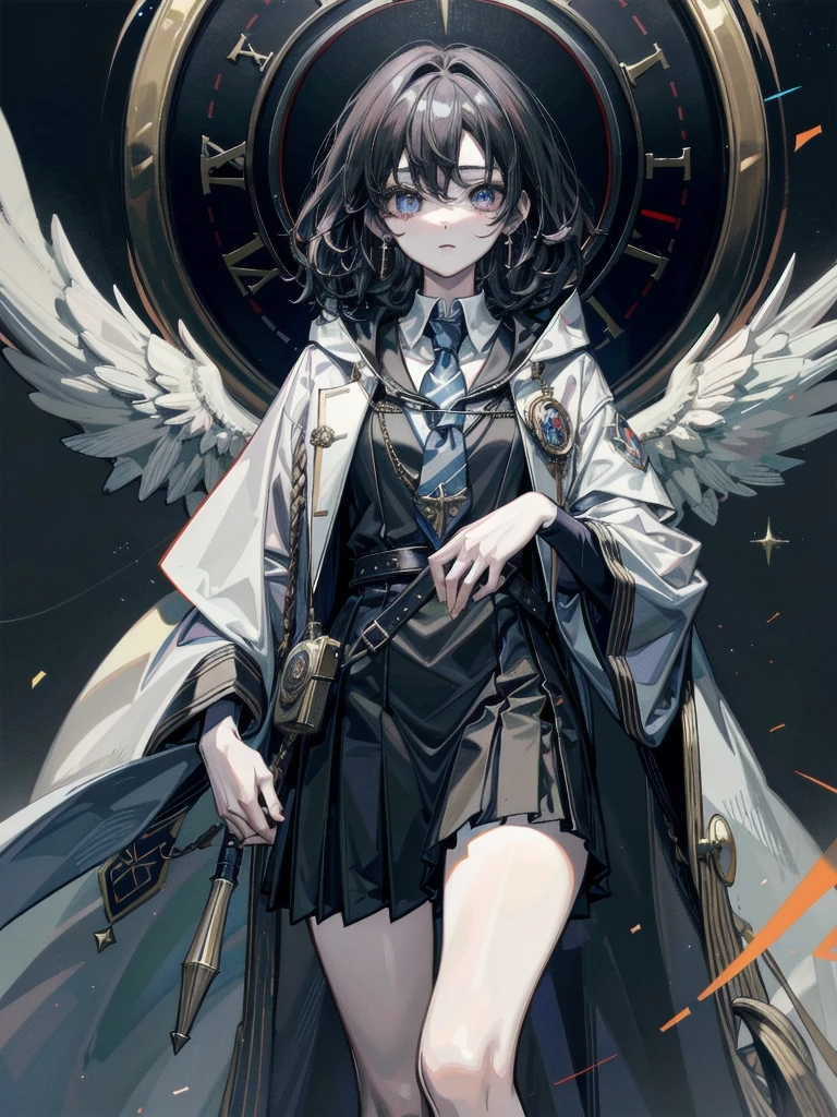whole body, anime character, hogwarts teacher, necktie, cloak, absurdres, RAW photo, extremely delicate and beautiful, masterpiece, Best Quality, ultra high resolution, 32k, hyperrealistic, ultra-detailed, perfect figure, perfect shape, detailed description, pale skin, 20 years old, detailed beautiful face and eyes, tearful mole, earring, short medium hair, wavy hair, black hair,