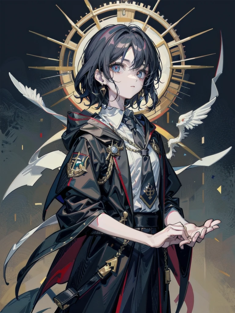 whole body, anime character, hogwarts teacher, necktie, cloak, absurdres, RAW photo, extremely delicate and beautiful, masterpiece, Best Quality, ultra high resolution, 32k, hyperrealistic, ultra-detailed, perfect figure, perfect shape, detailed description, pale skin, 20 years old, detailed beautiful face and eyes, tearful mole, earring, short medium hair, wavy hair, black hair,