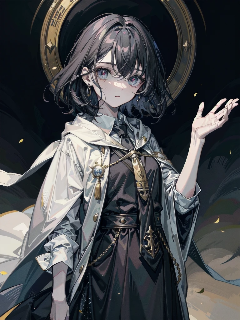 whole body, hogwarts teacher, necktie, cloak, absurdres, RAW photo, extremely delicate and beautiful, masterpiece, Best Quality, ultra high resolution, 32k, hyperrealistic, ultra-detailed, perfect figure, perfect shape, detailed description, pale skin, 20 years old, detailed beautiful face and eyes, tearful mole, earring, short medium hair, wavy hair, black hair,