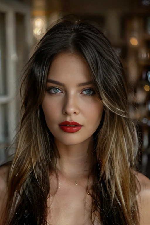 bellissima, gorgeous girl, blonde wavy hair, pastel blue eyes,She wears minimal makeup, focusing on bold eyeliner and occasionally a splash of dark red lipstick.