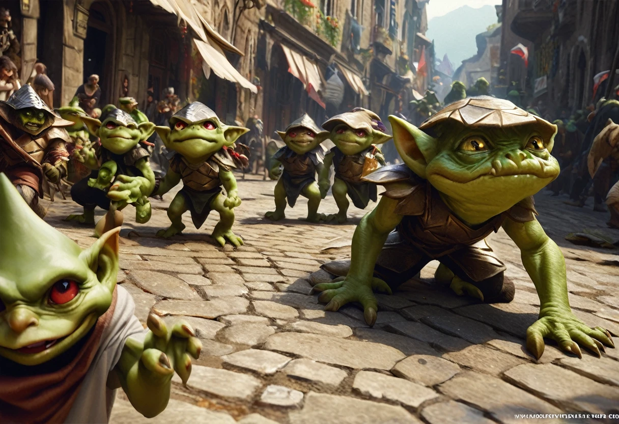 a squad of elite goblins, goblin sized toad, fighter goblin, cleric goblin, wizard goblin, thief goblin, evil goblins, cowardly goblins, garbage heroic armor, high quality, detailed, photo realistic, fantasy art