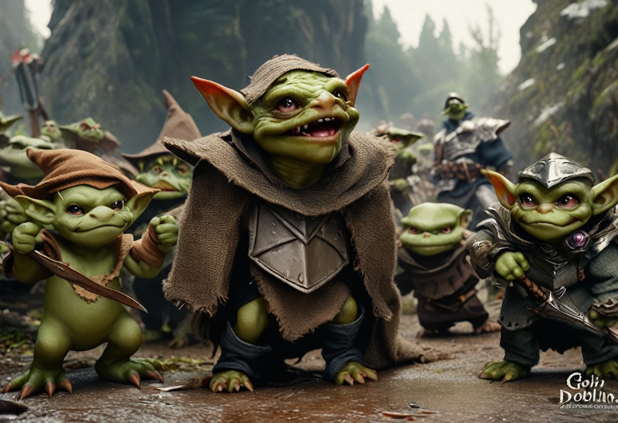 a squad of elite goblins, goblin sized toad, fighter goblin, cleric goblin, wizard goblin, thief goblin, evil goblins, cowardly goblins, garbage heroic armor, high quality, detailed, photo realistic, fantasy art