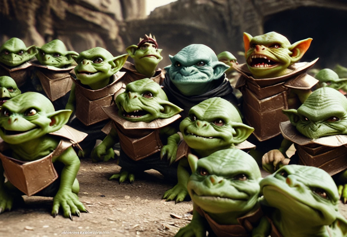 a squad of elite goblins, goblin sized toad, fighter goblin, cleric goblin, wizard goblin, thief goblin, evil goblins, cowardly goblins, garbage heroic armor, high quality, detailed, photo realistic, fantasy art