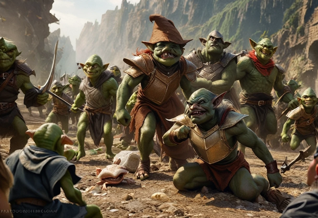 a squad of elite goblins, goblin sized toad, fighter goblin, cleric goblin, wizard goblin, thief goblin, evil goblins, cowardly goblins, garbage heroic armor, high quality, detailed, photo realistic, fantasy art