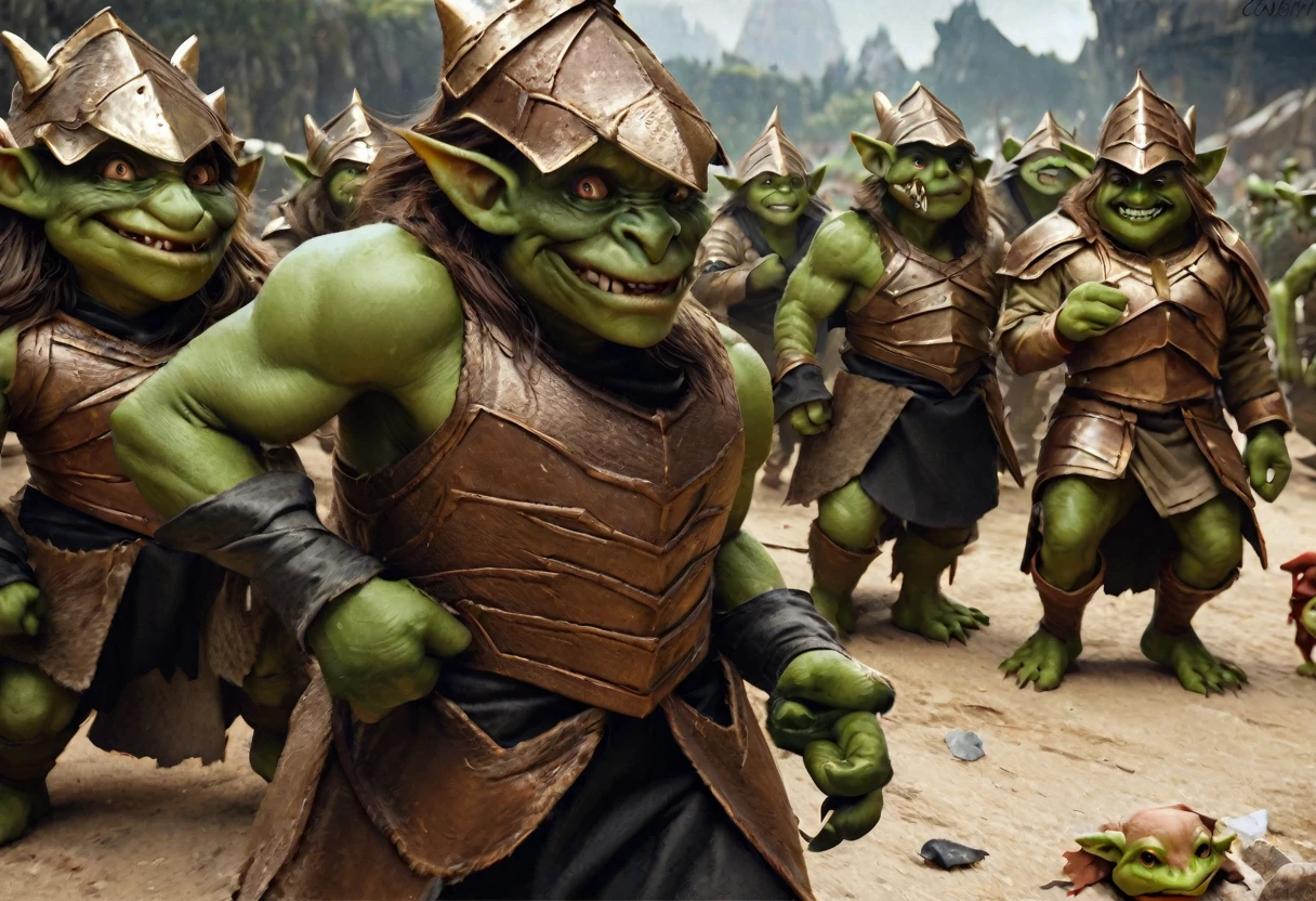 a squad of elite goblins, goblin sized toad, fighter goblin, cleric goblin, wizard goblin, thief goblin, evil goblins, cowardly goblins, garbage heroic armor, high quality, detailed, photo realistic, fantasy art