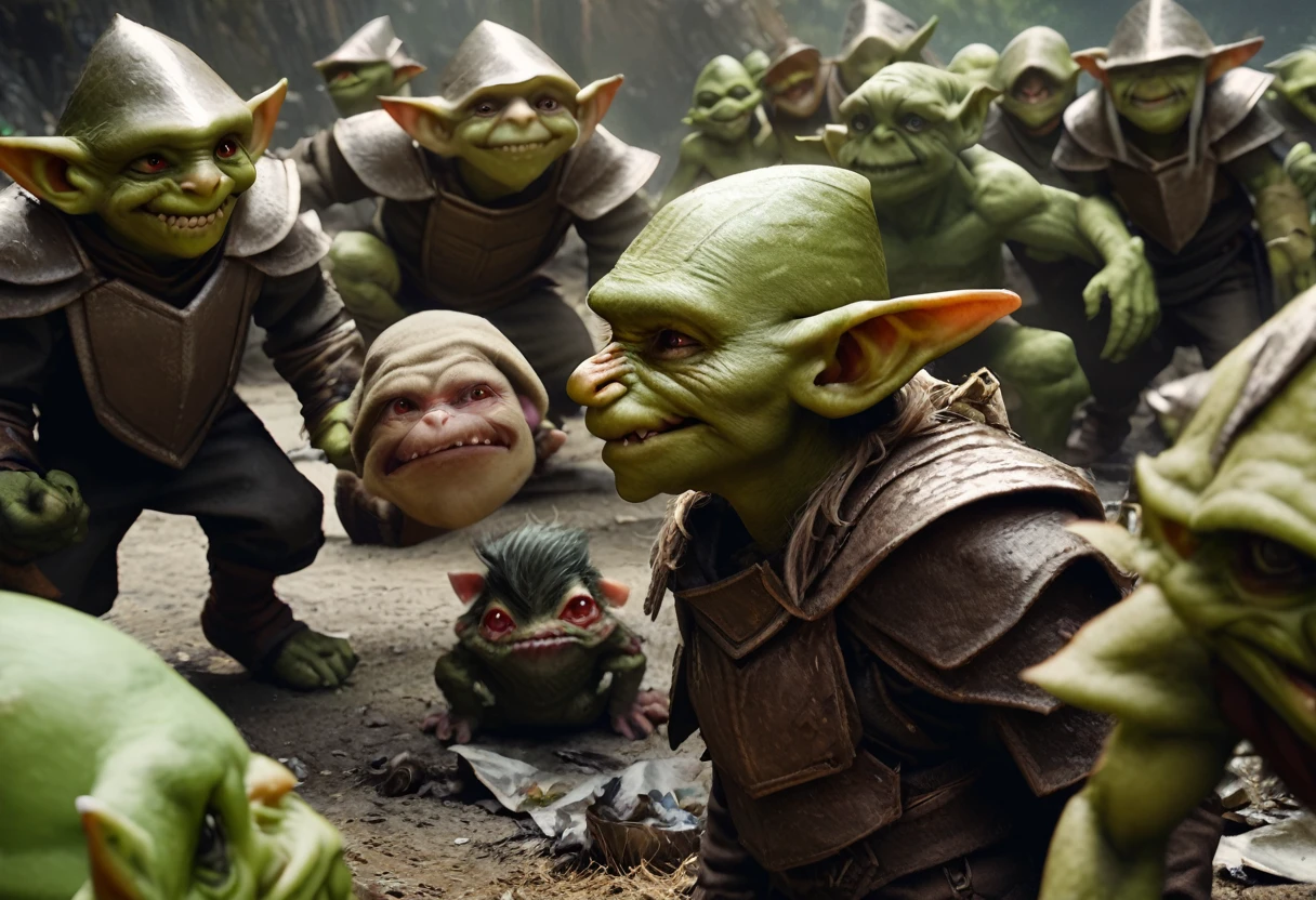 a squad of elite goblins, goblin sized toad, fighter goblin, cleric goblin, wizard goblin, thief goblin, evil goblins, cowardly goblins, garbage heroic armor, high quality, detailed, photo realistic, fantasy art
