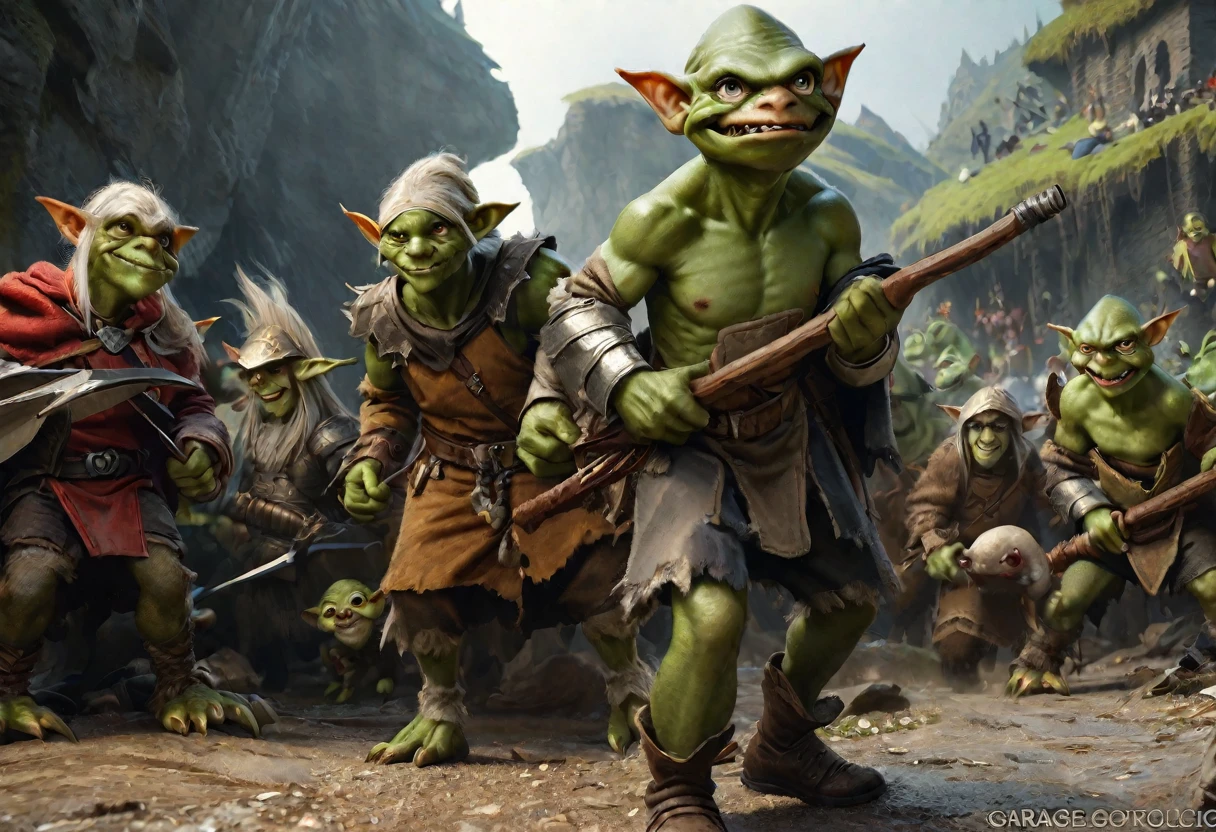 a squad of elite goblins, goblin sized toad, fighter goblin, cleric goblin, wizard goblin, thief goblin, evil goblins, cowardly goblins, garbage heroic armor, high quality, detailed, photo realistic, fantasy art